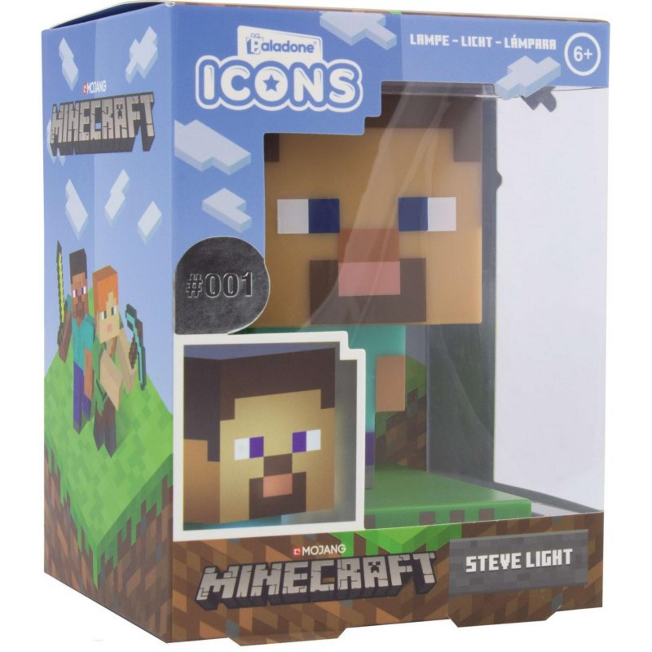 Embalaje de Minecraft Steve Light con cabeza de Steve y arte de personaje.