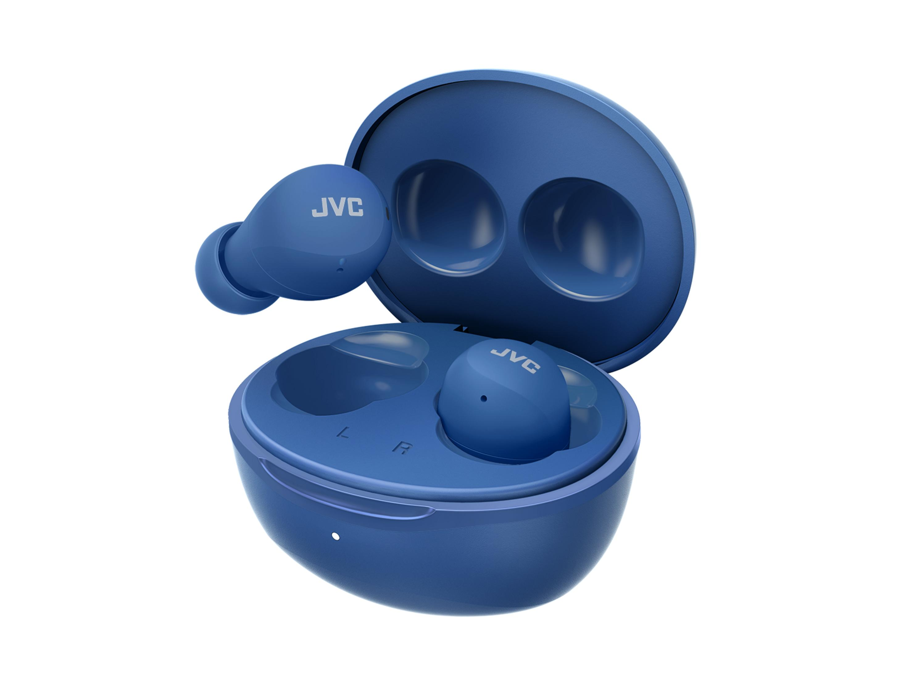Auricolari JVC blu in una custodia di ricarica aperta.