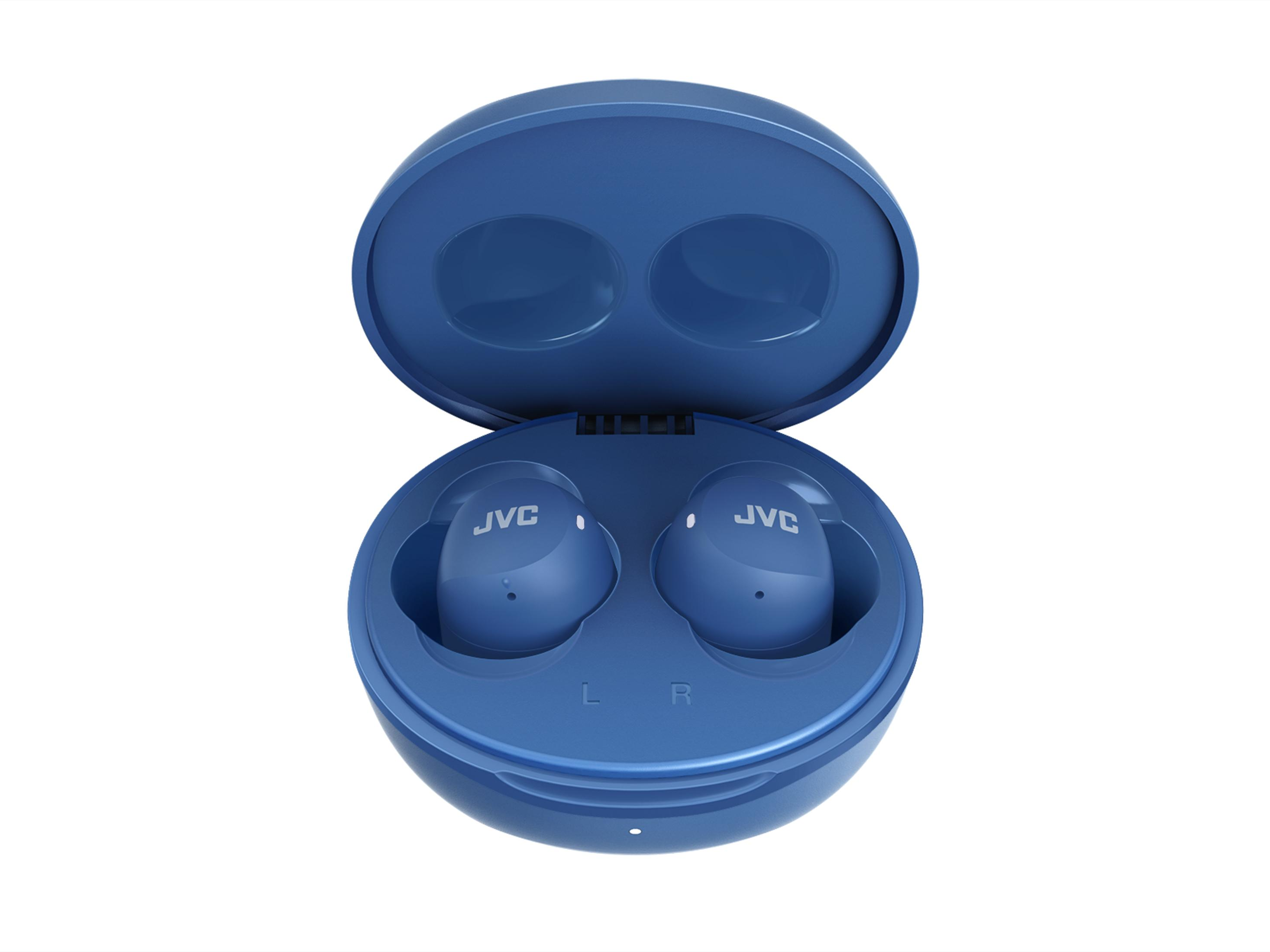 Auricolari JVC blu in una custodia di ricarica blu aperta.