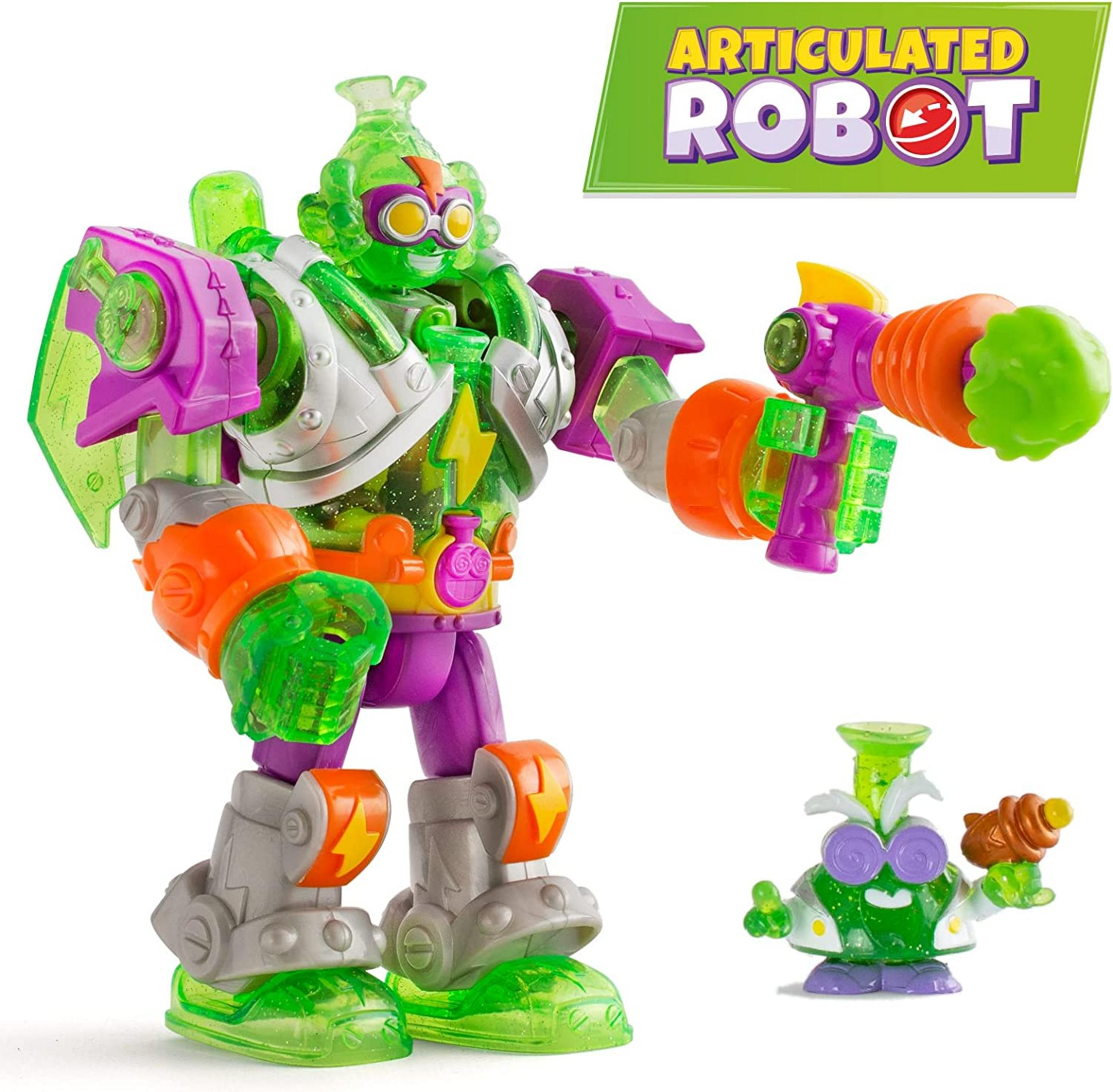 Un giocattolo robot verde con accenti viola e arancioni tiene un'arma. Un personaggio più piccolo accanto.