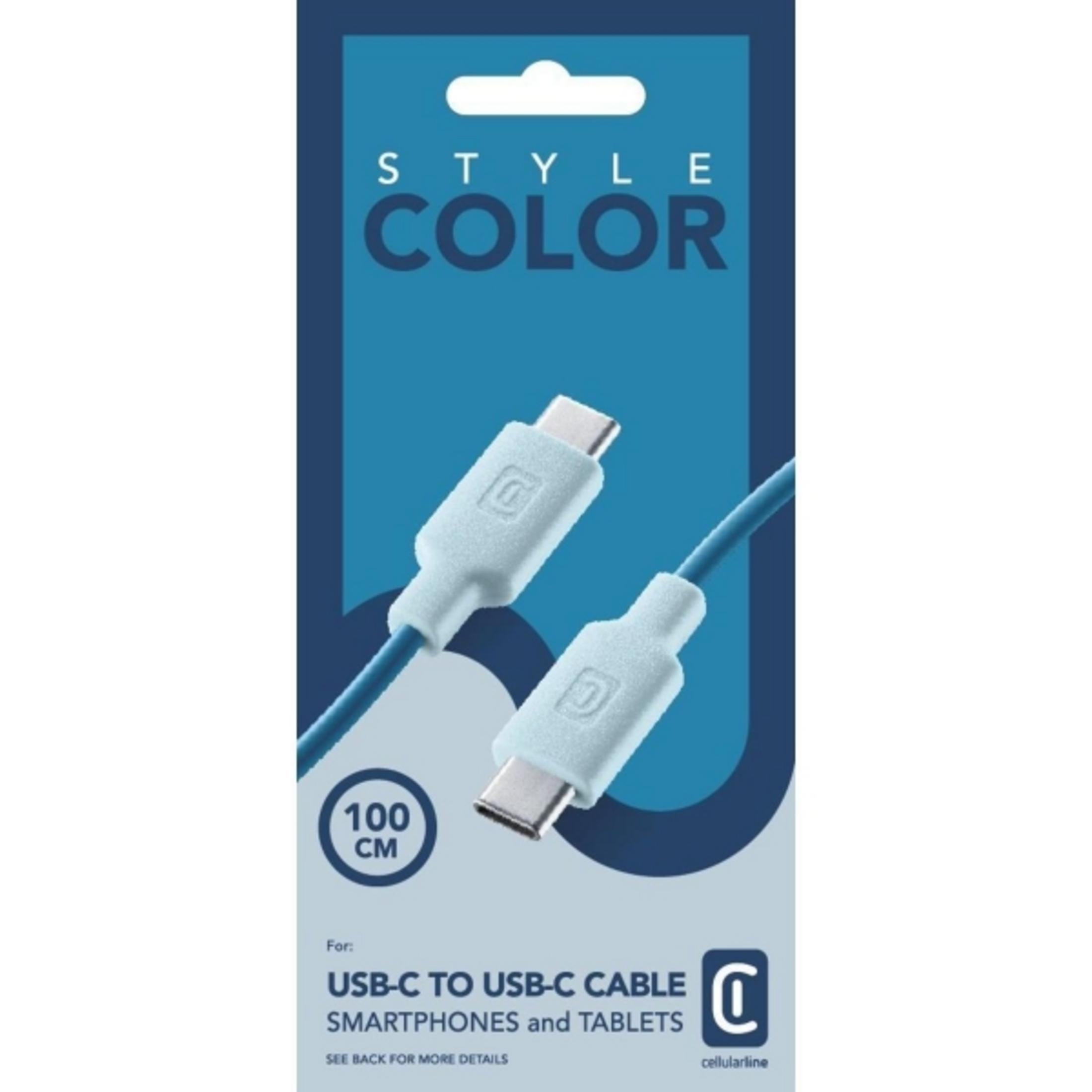 Embalaje de un cable USB-C a USB-C azul de 100 cm.