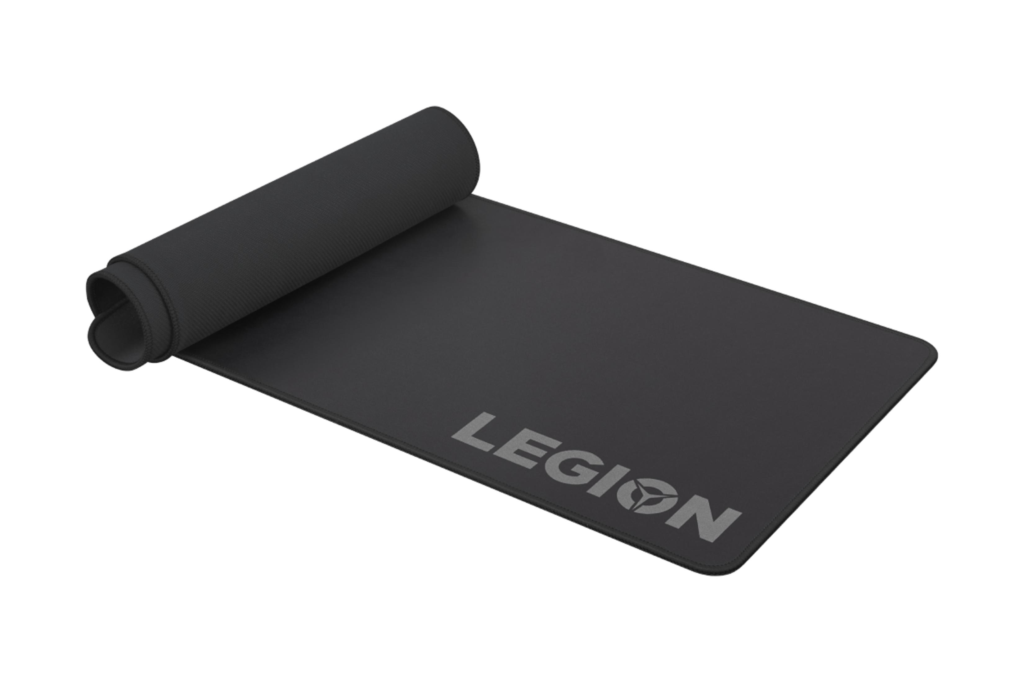 Tapis de souris gaming noir avec bordure enroulée et logo Legion.