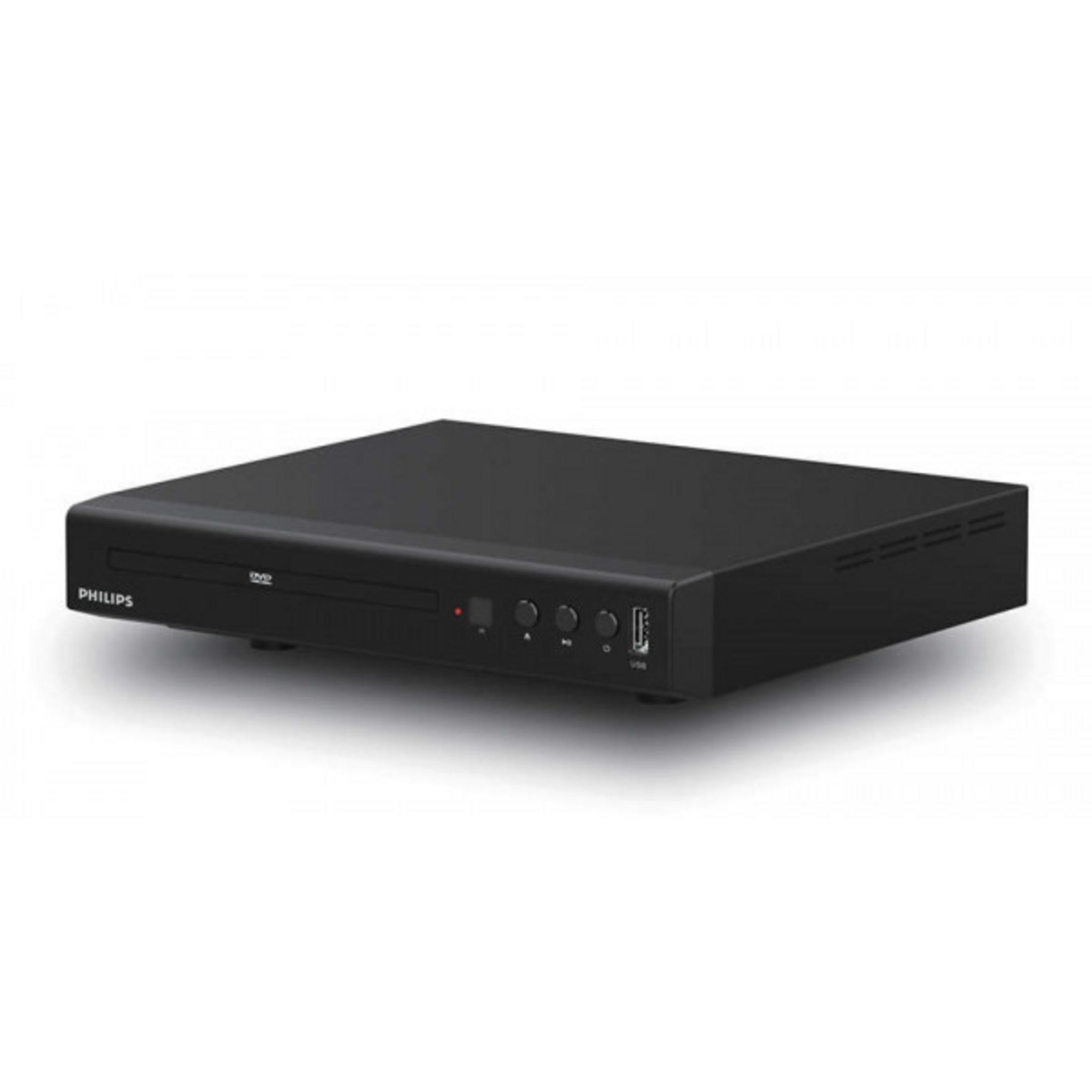 Un lettore DVD Philips nero con porta USB e pulsanti di controllo.