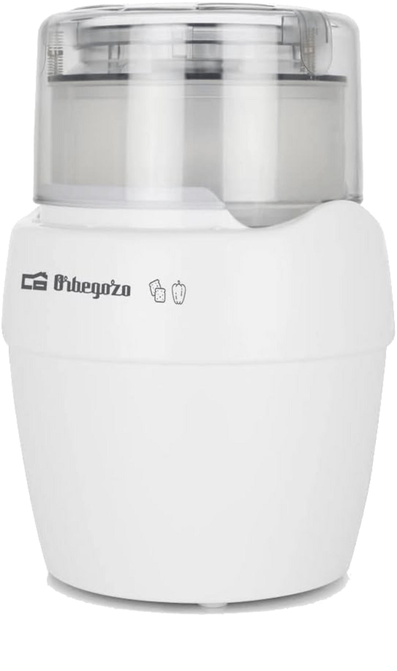 Un elettrodomestico bianco con coperchio trasparente e logo Orbegozo.