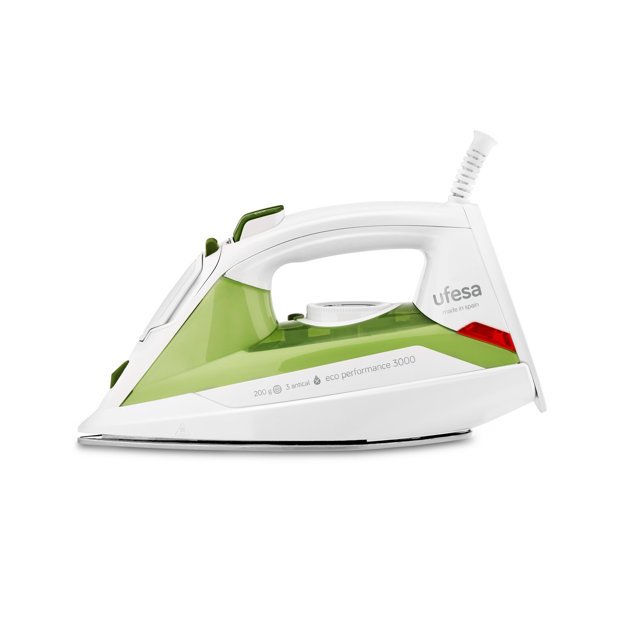 Una plancha de vapor blanca y verde con la marca 'ufesa made in Spain'.