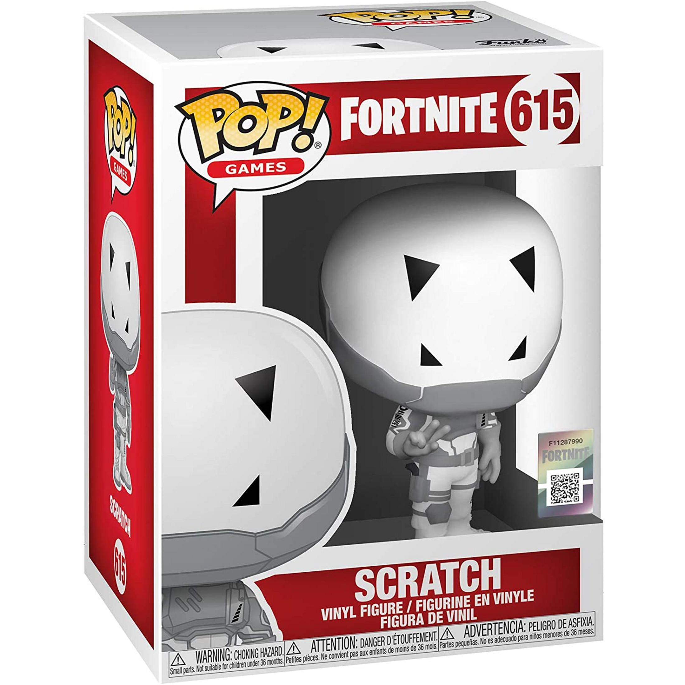 Action figure Funko Pop Fortnite #615, "Scratch", in tenuta bianca e grigia.