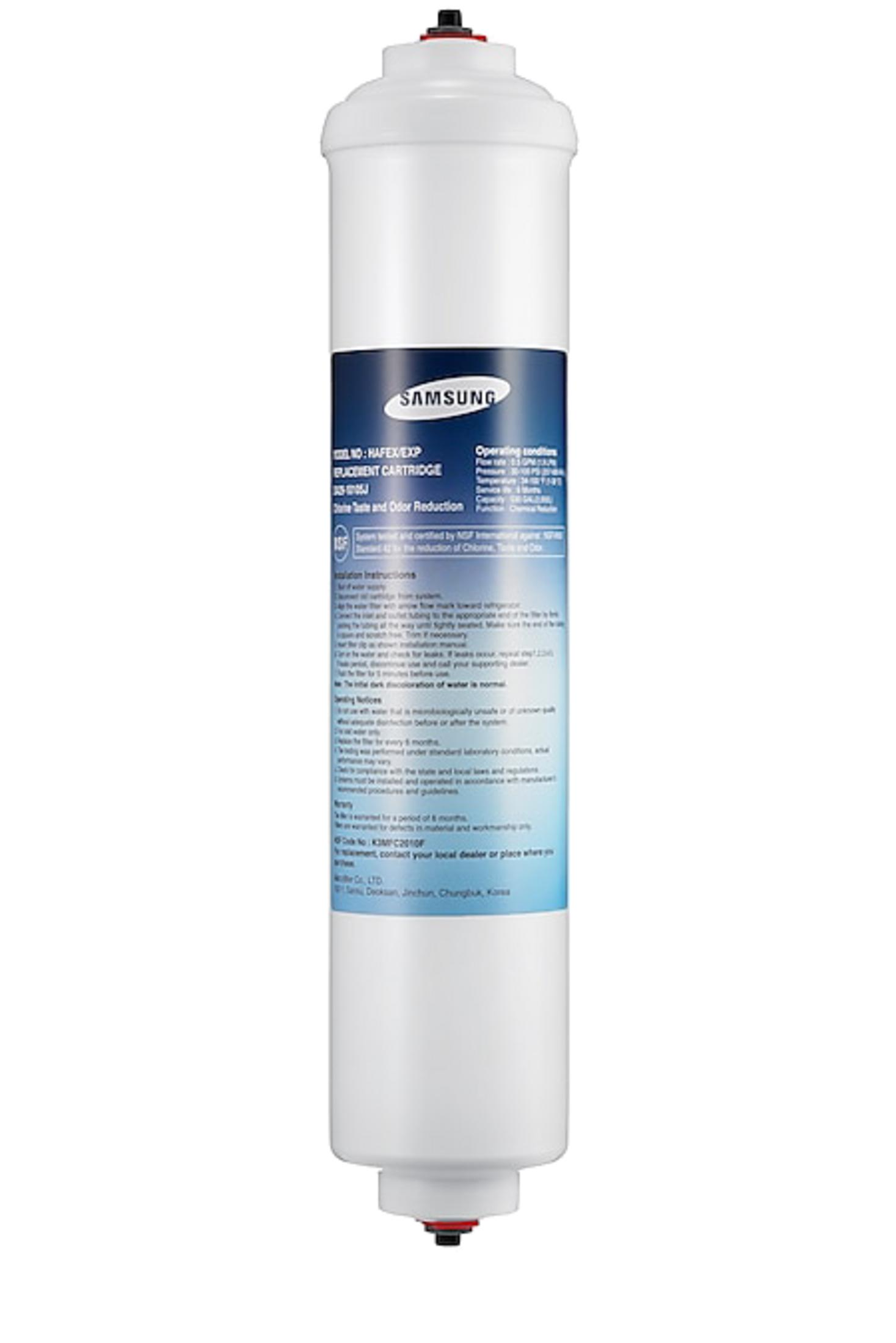 Ein weißer Samsung Wasserfilter mit blauem Etikett und Aufdruck.