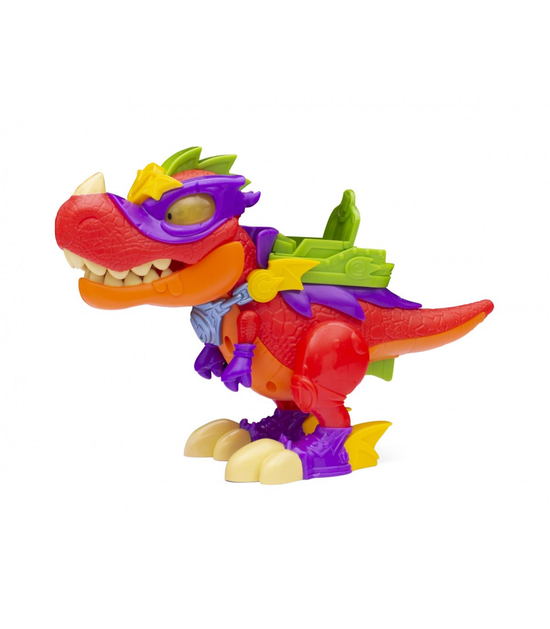 Un juguete de dinosaurio rojo con máscara morada, alas verdes y detalles amarillos.