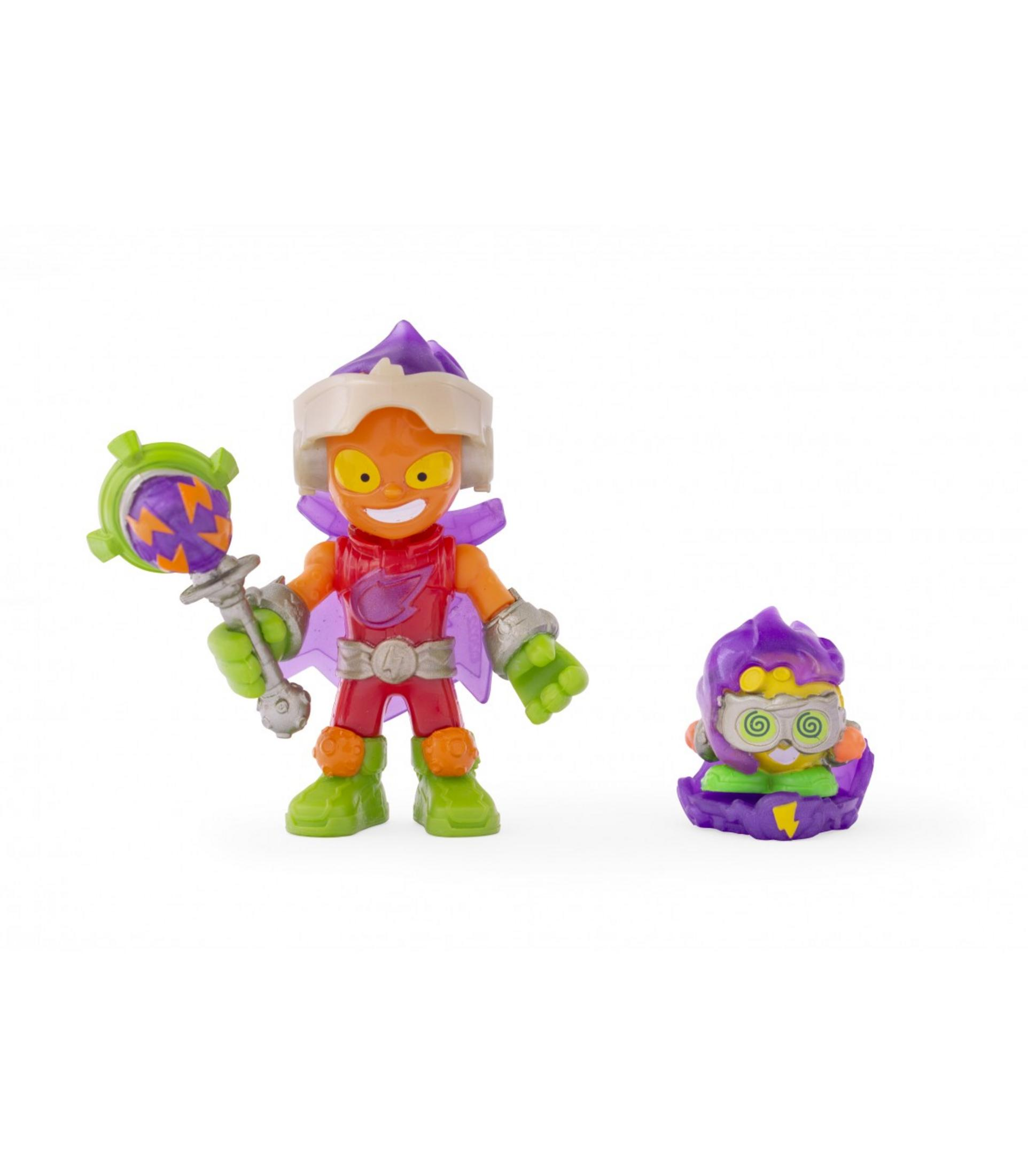 Dos figuras de juguete: un personaje naranja con sombrero y bastón morados y una pequeña figura morada.