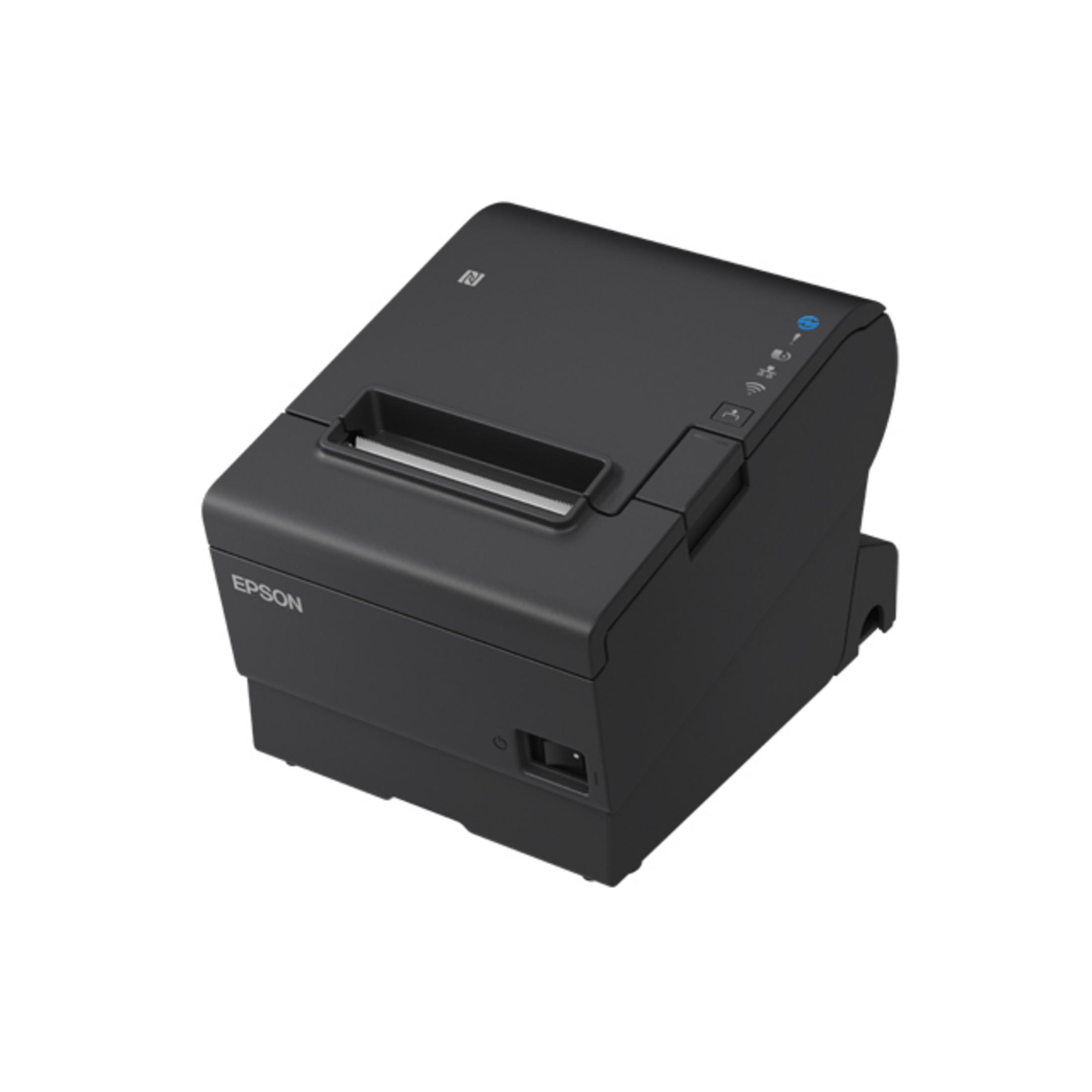 Czarna drukarka Epson z przyciskami sterującymi i włącznikiem zasilania.