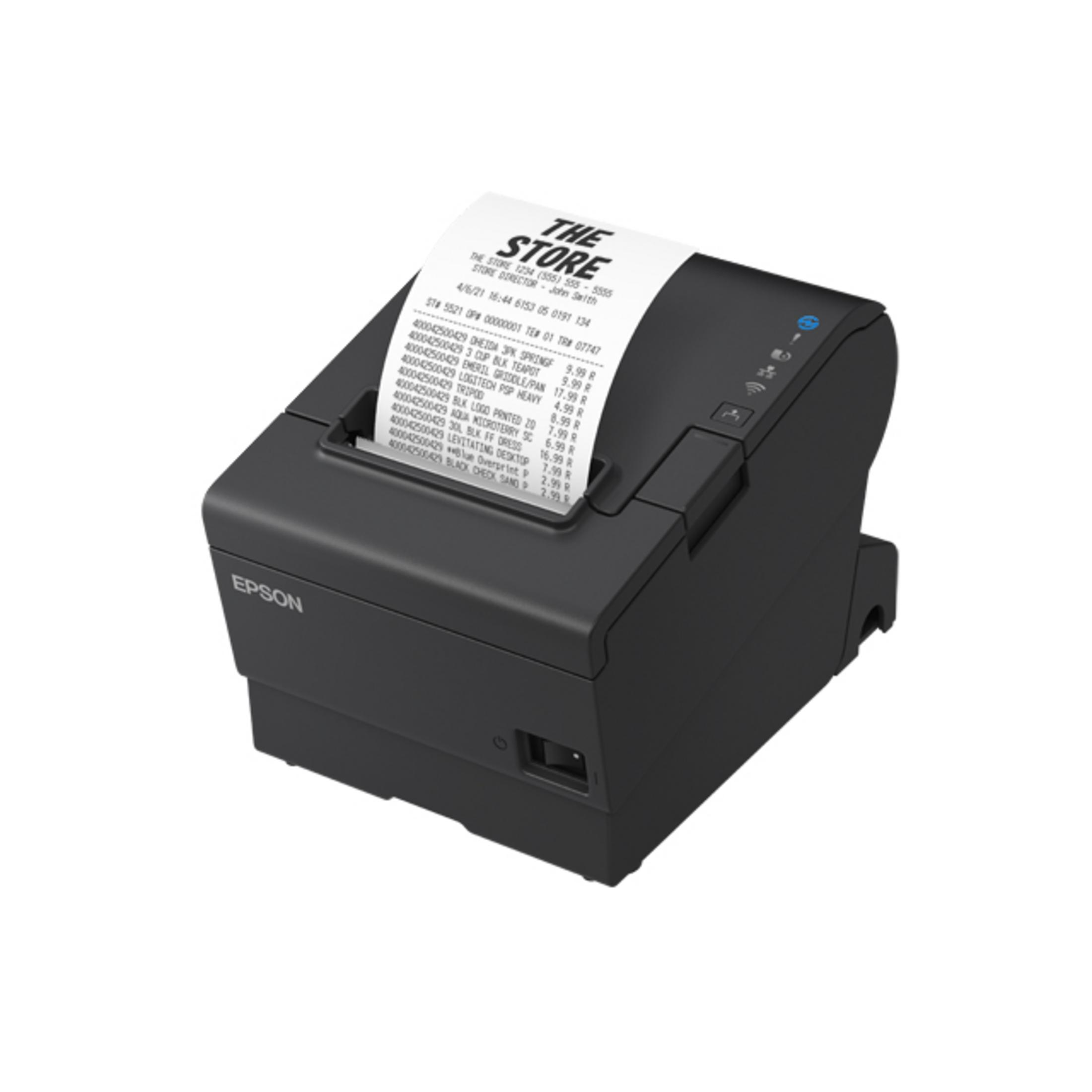 Czarna drukarka paragonów Epson z wydrukowanym paragonem.