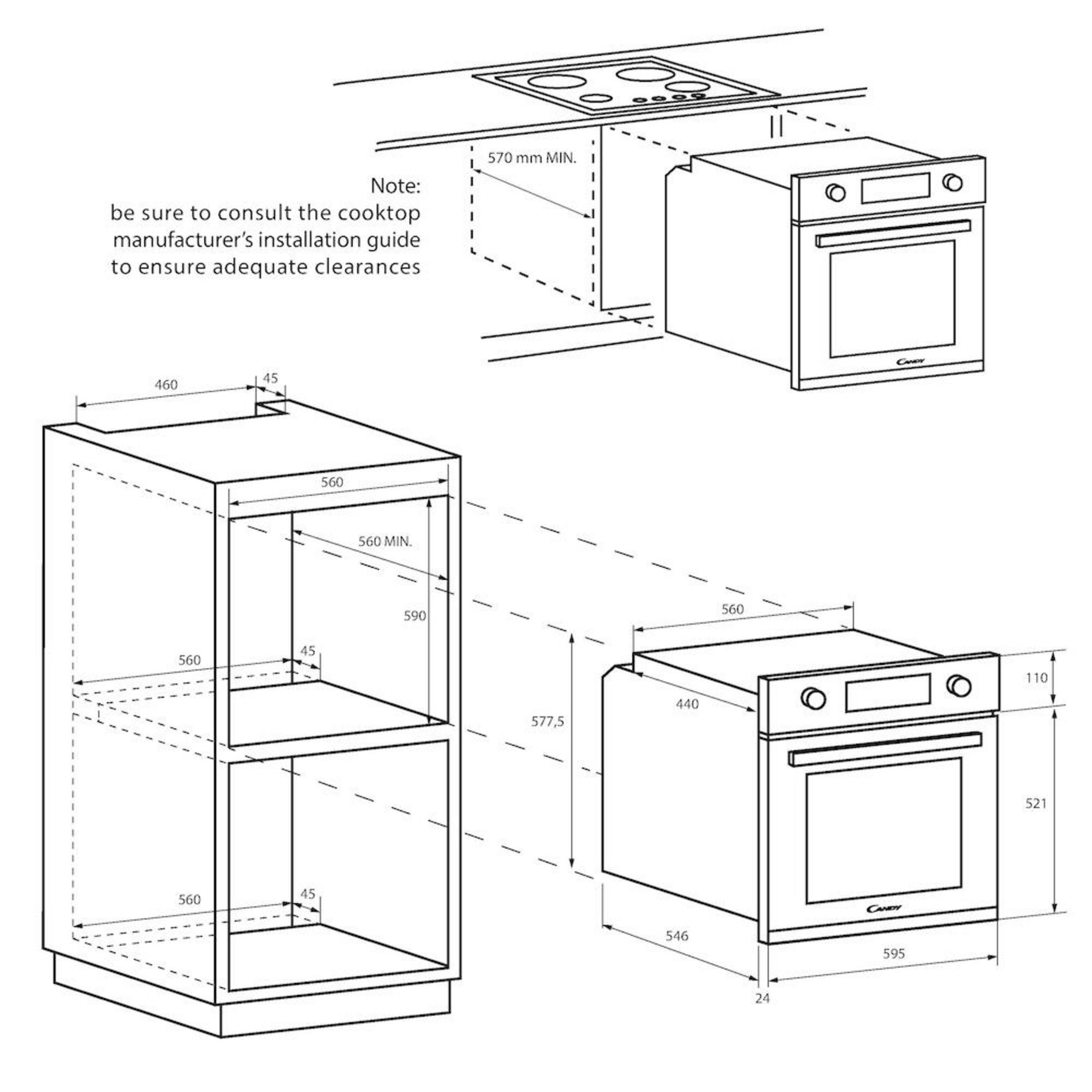 Disegno tecnico di forno e piano cottura con dimensioni e note di installazione.