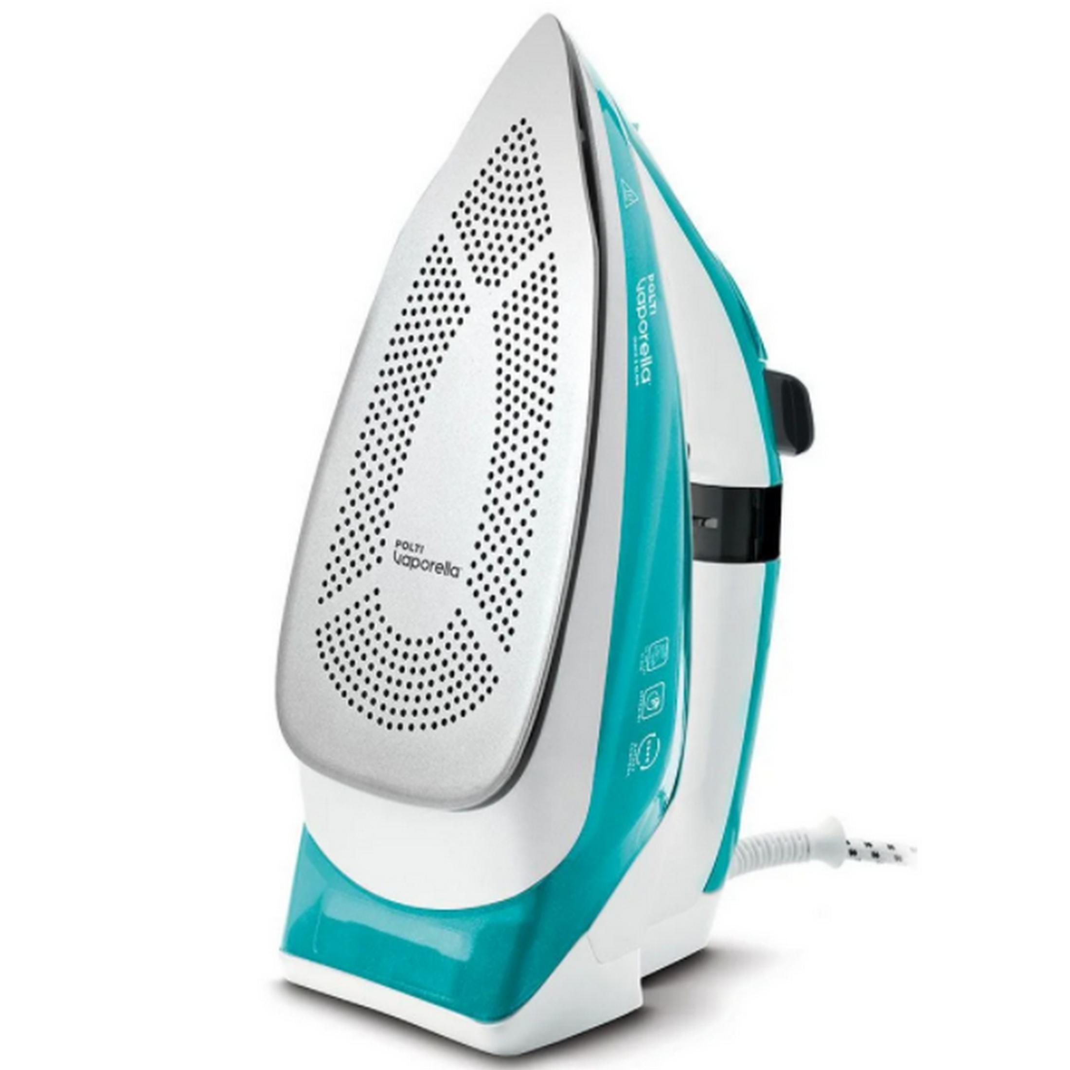 A turquoise steam iron with a white handle and silver soleplate.