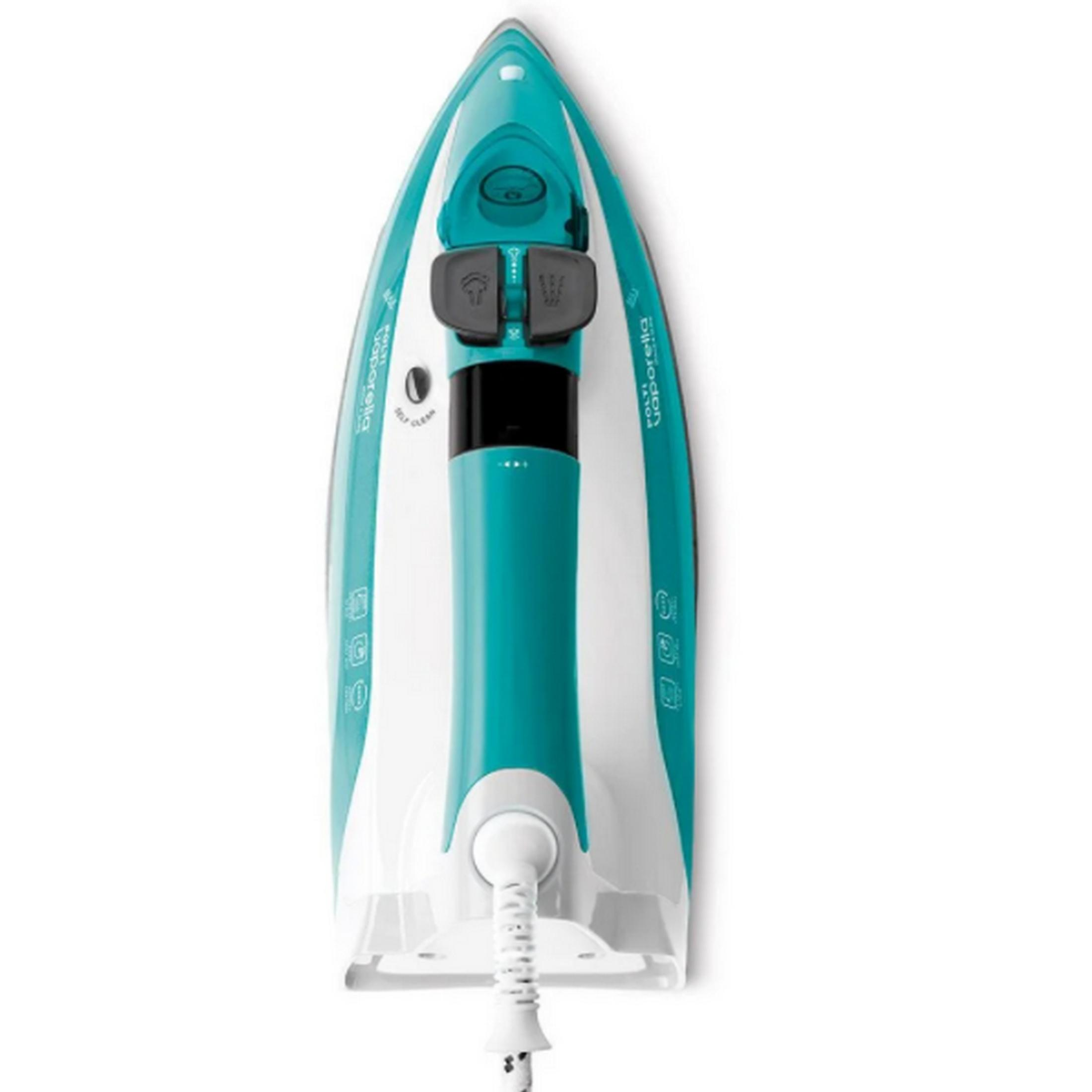 A teal and white iron with a coiled white cord against a white background.