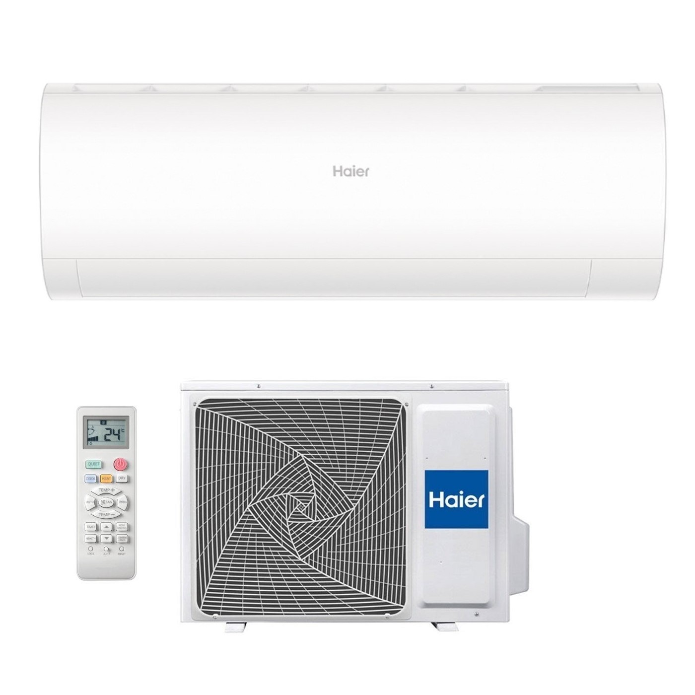 Un set di condizionatore Haier bianco: unità interna, esterna e telecomando.