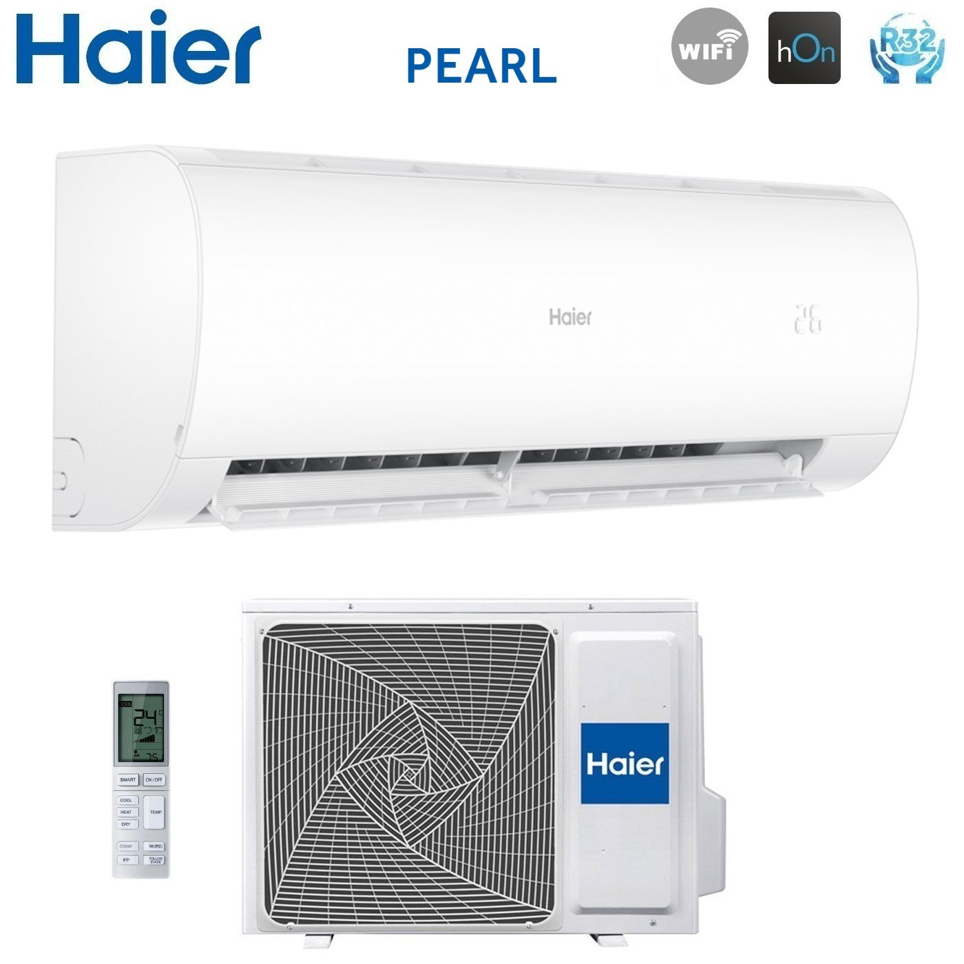 Condizionatore Haier: unità interna, unità esterna e telecomando su sfondo bianco.