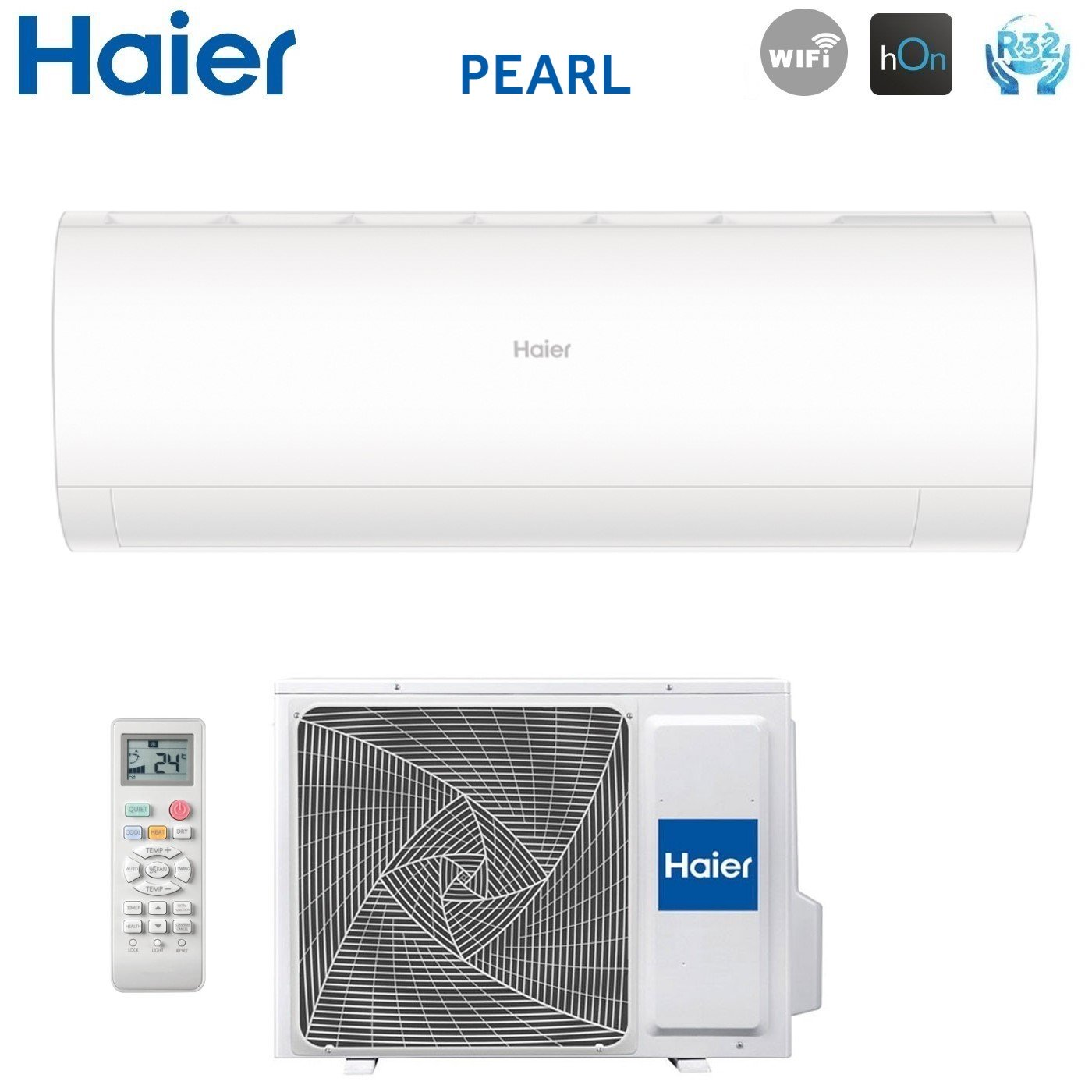 Un condizionatore Haier bianco con unità interna, esterna e telecomando.