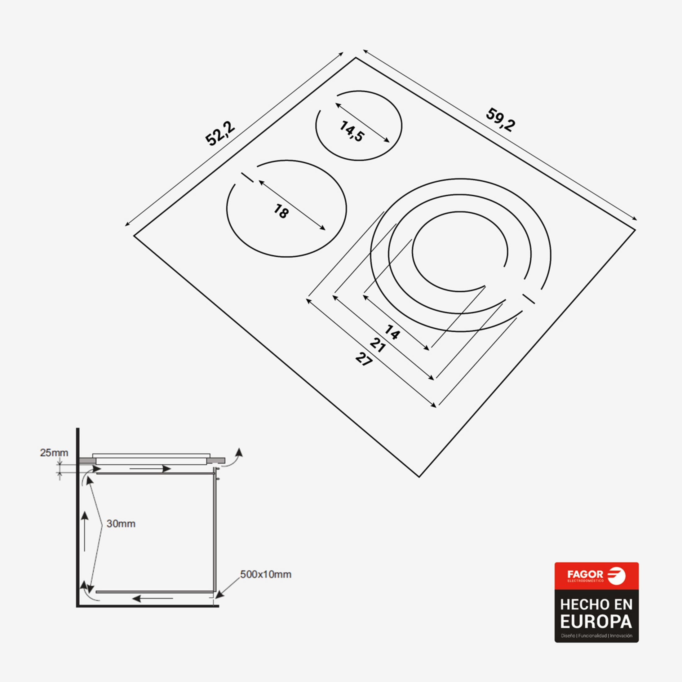 Disegno tecnico di un piano cottura con dimensioni e profilo laterale.