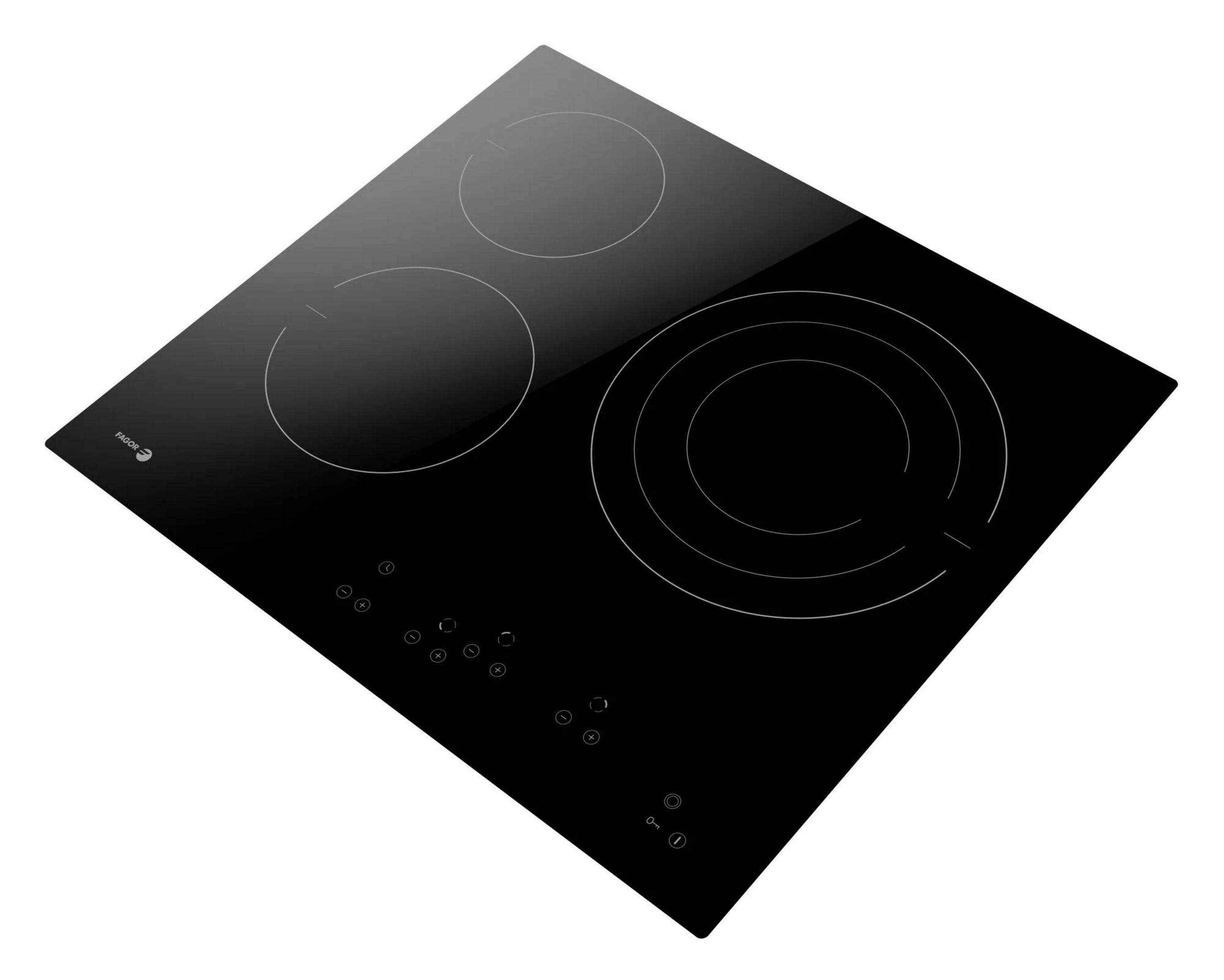 Piano cottura a induzione nero con tre zone di cottura e comandi touch.