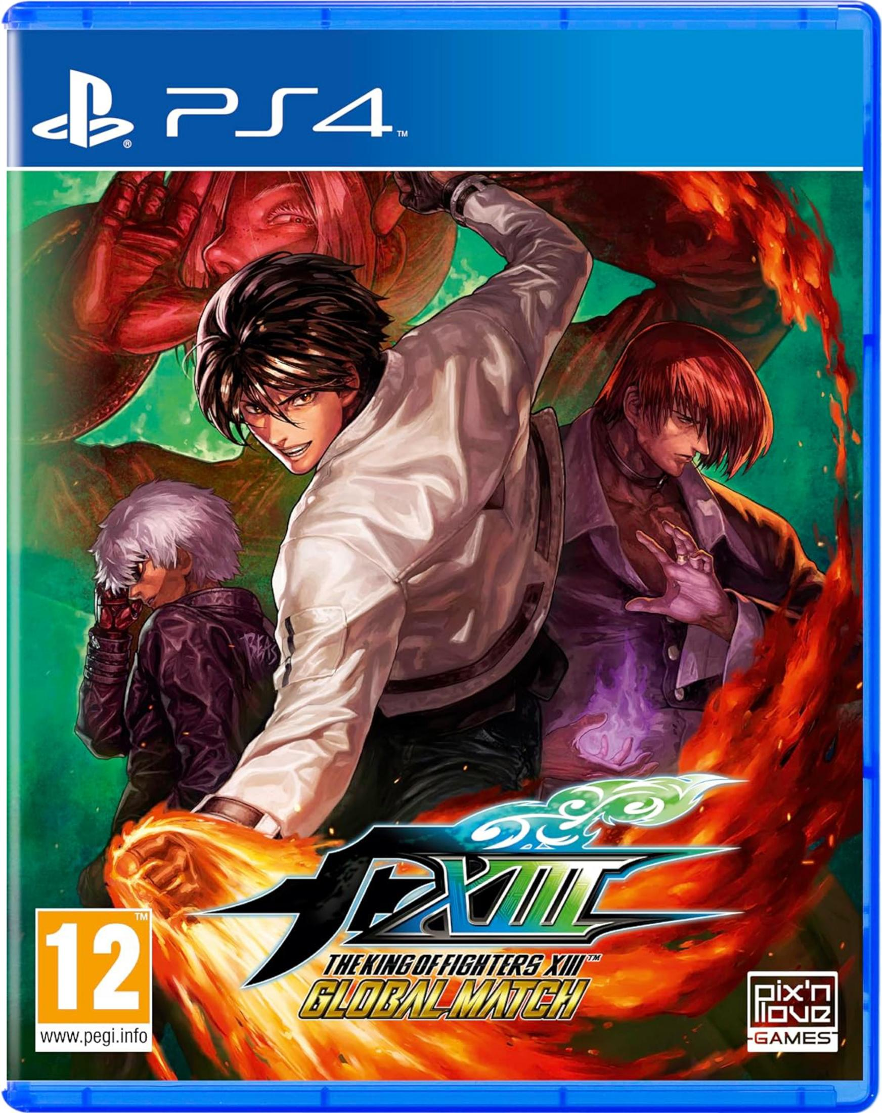 Copertina del gioco PS4 "The King of Fighters XIII Global Match" con personaggi anime e fuoco.