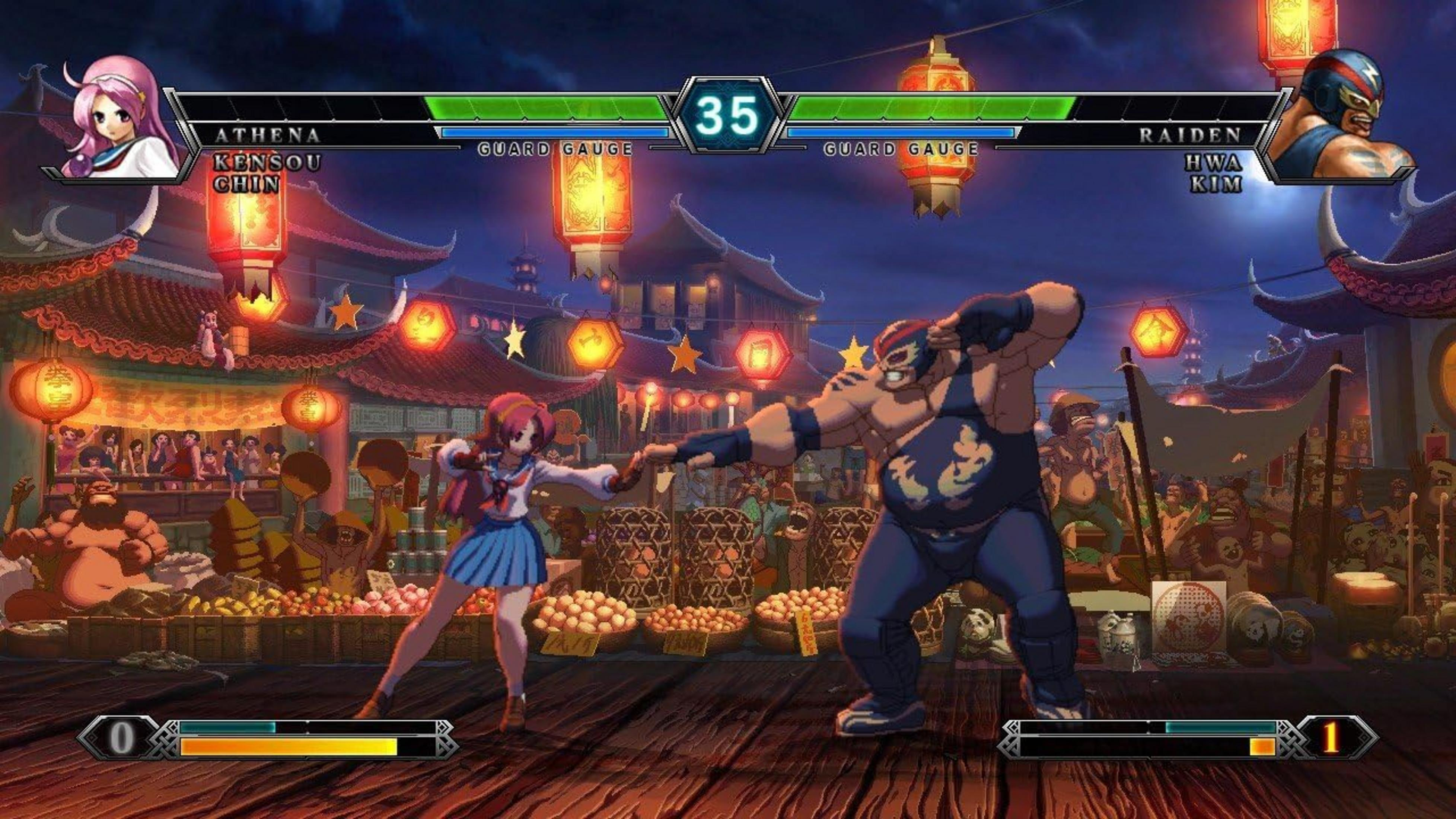 Un picchiaduro con i personaggi Athena e Raiden che combattono in un mercato.