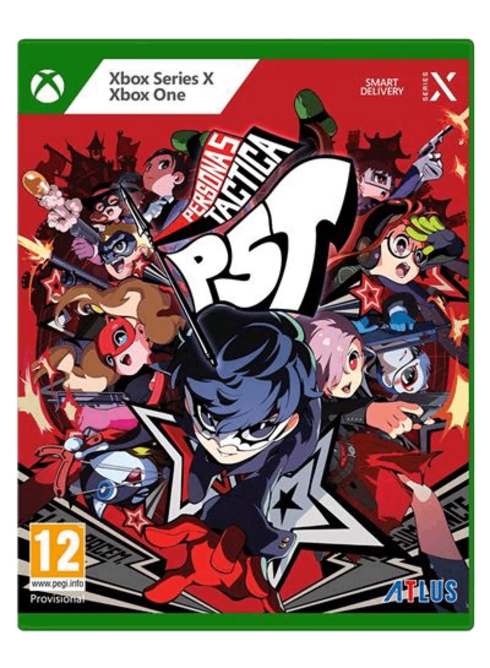 La carátula del juego de Xbox "Persona 5 Tactica" muestra personajes de anime con armas sobre fondo rojo.