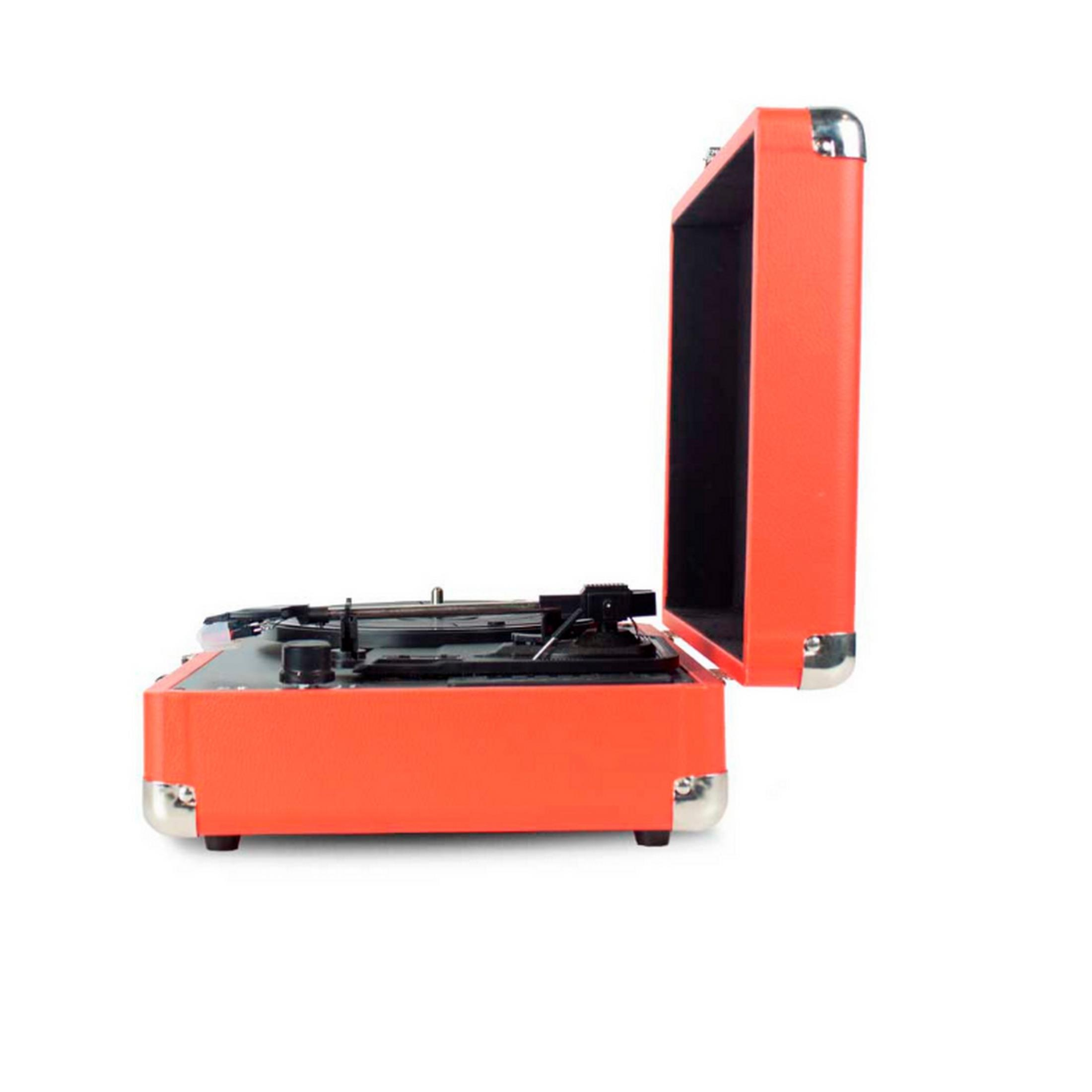 An open, orange record player with silver corners on a white background.