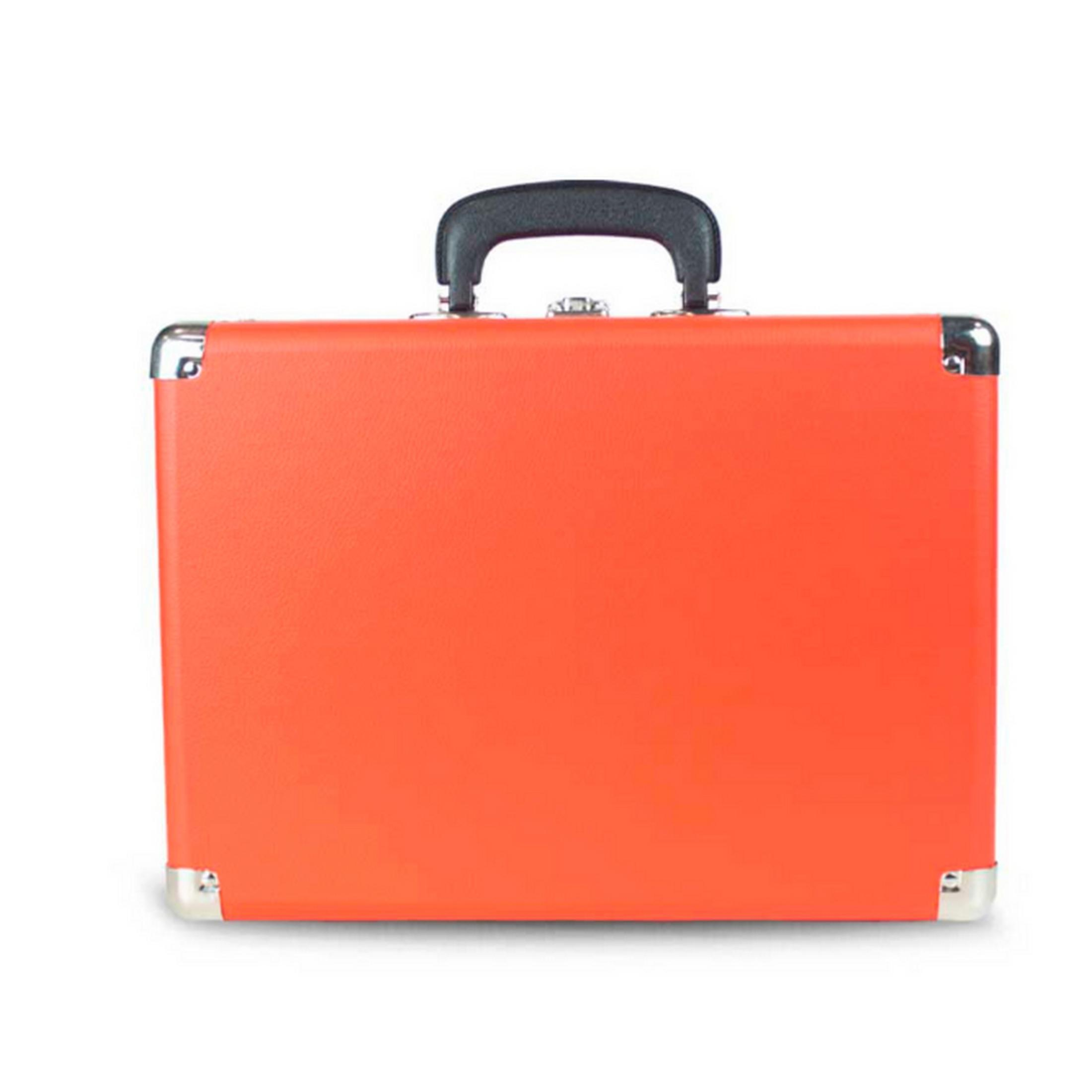 A bright orange briefcase with a black handle and silver-colored corners.