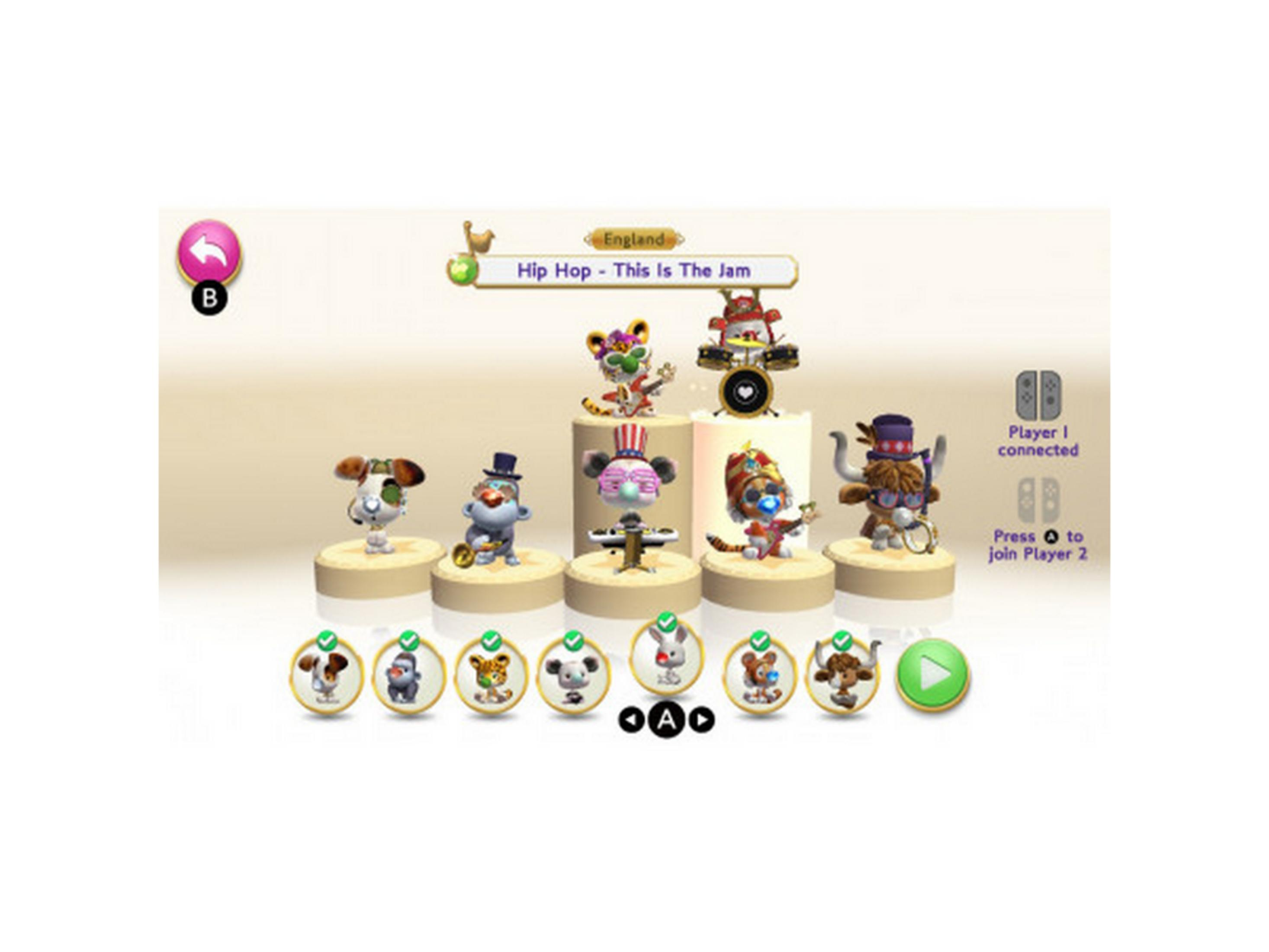 Selezione personaggio per gioco musicale con animali in abiti da band.
