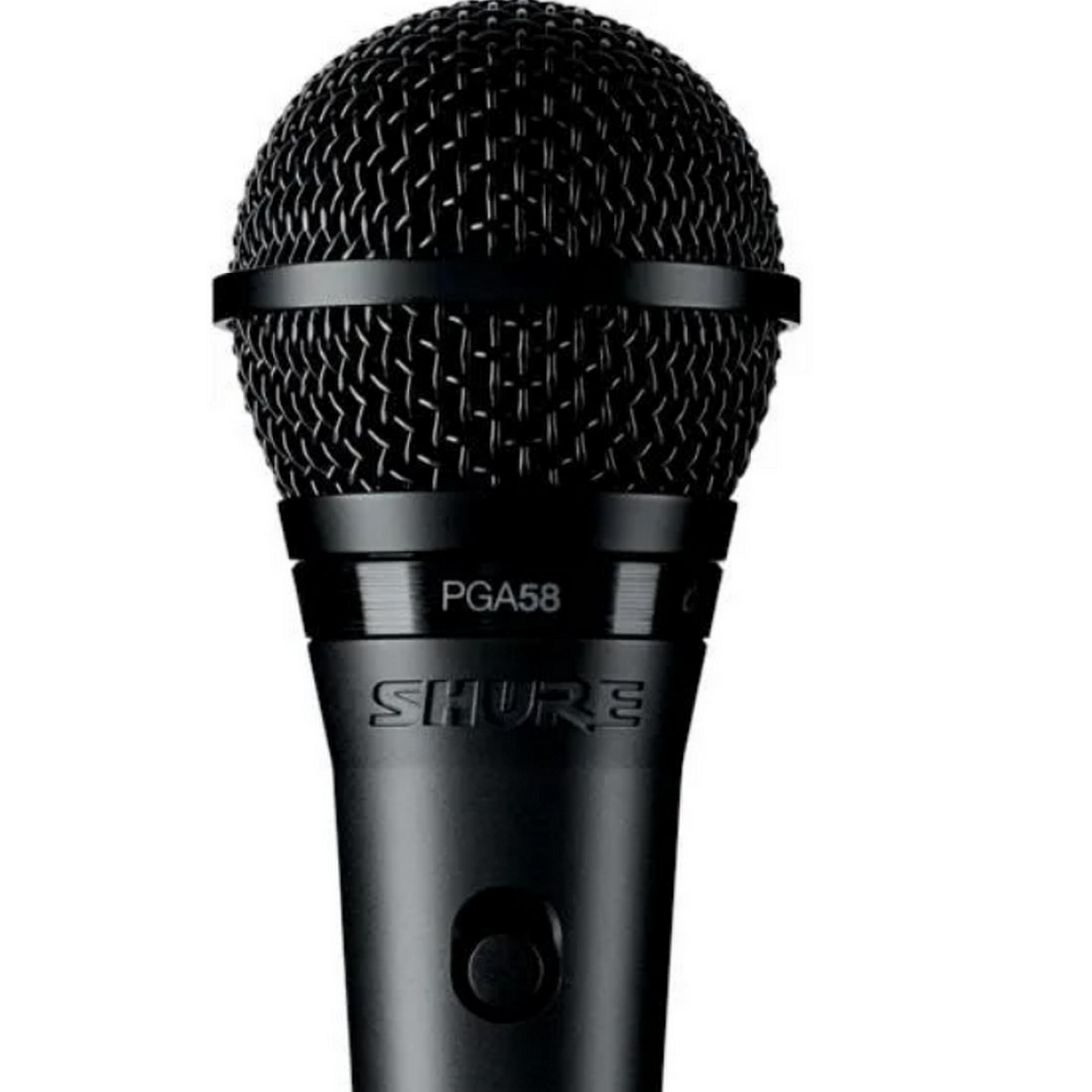 Microfono Shure PGA58 nero con testa sferica e anello argentato.