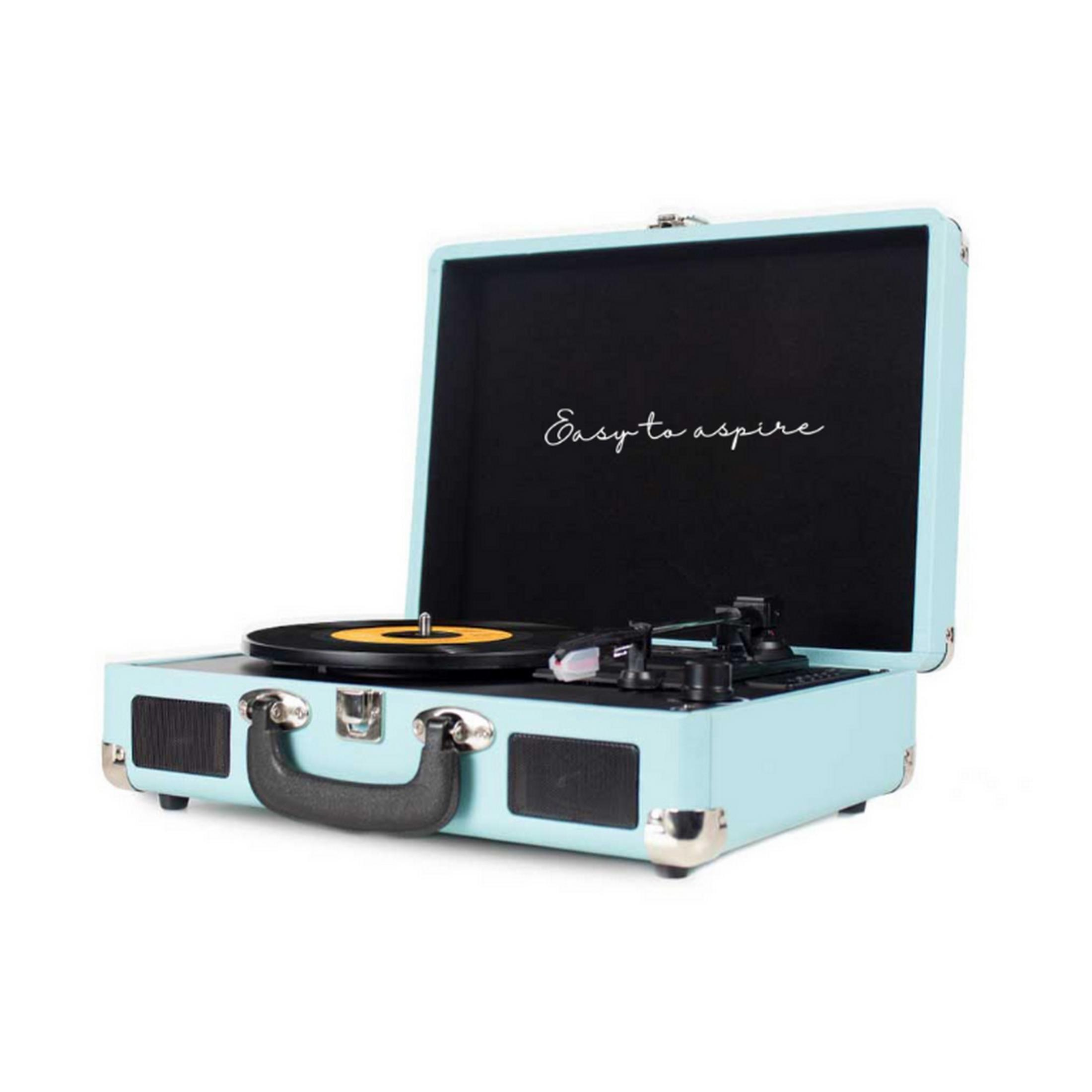 Light blue record player with black vinyl record and needle, on white background.