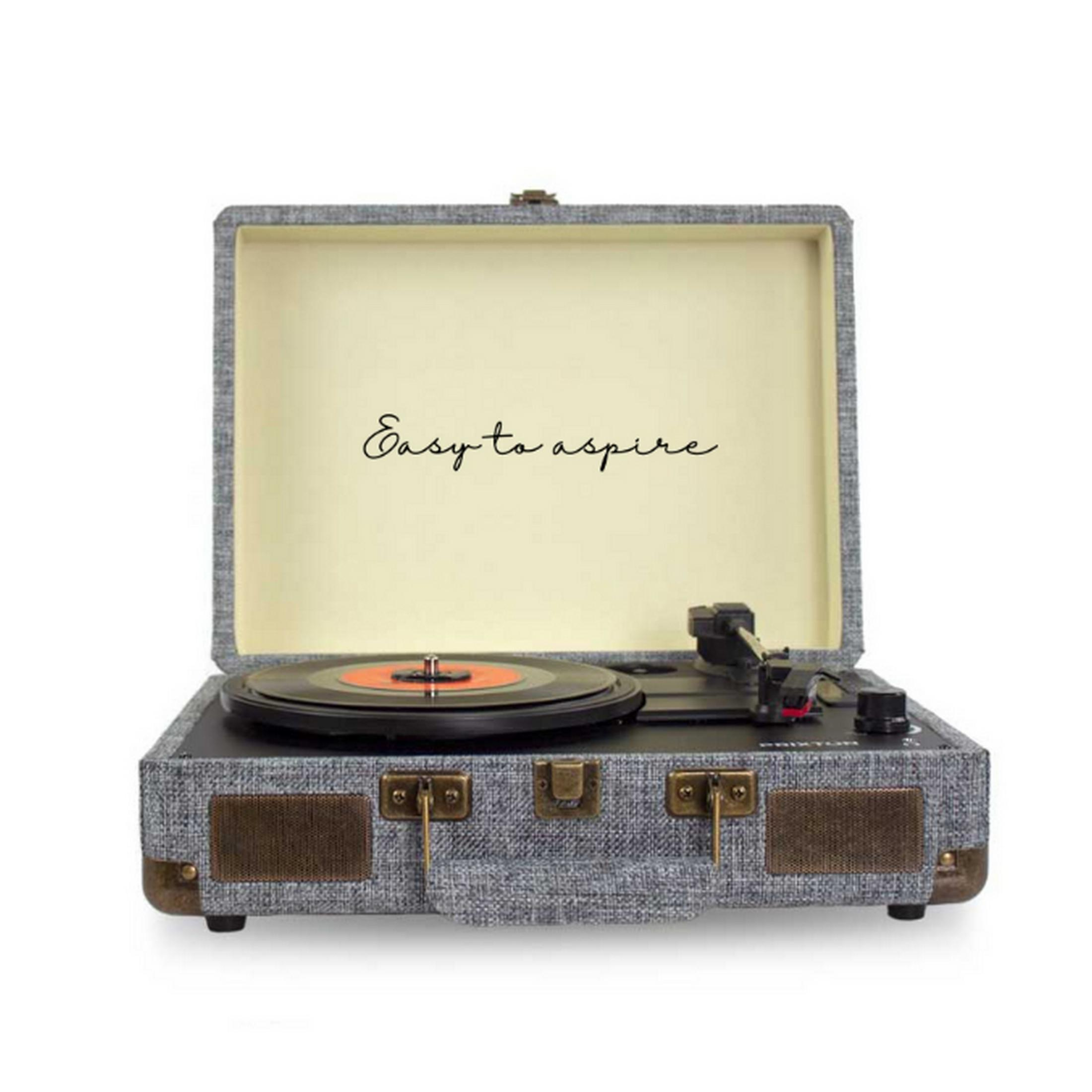 Grey suitcase-style record player with lid open, vinyl record on top.