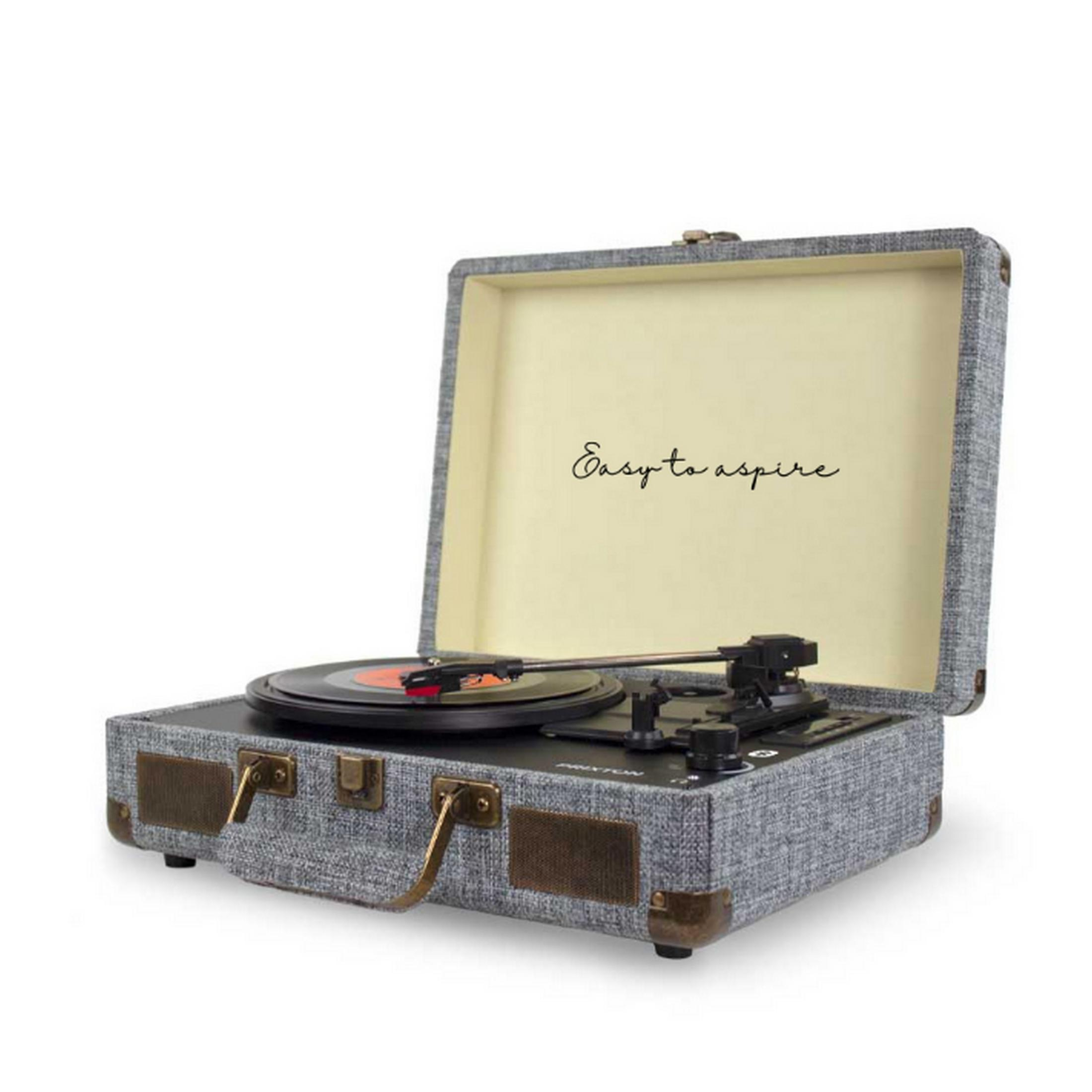 Grey suitcase record player with vinyl and "Easy to aspire" text.