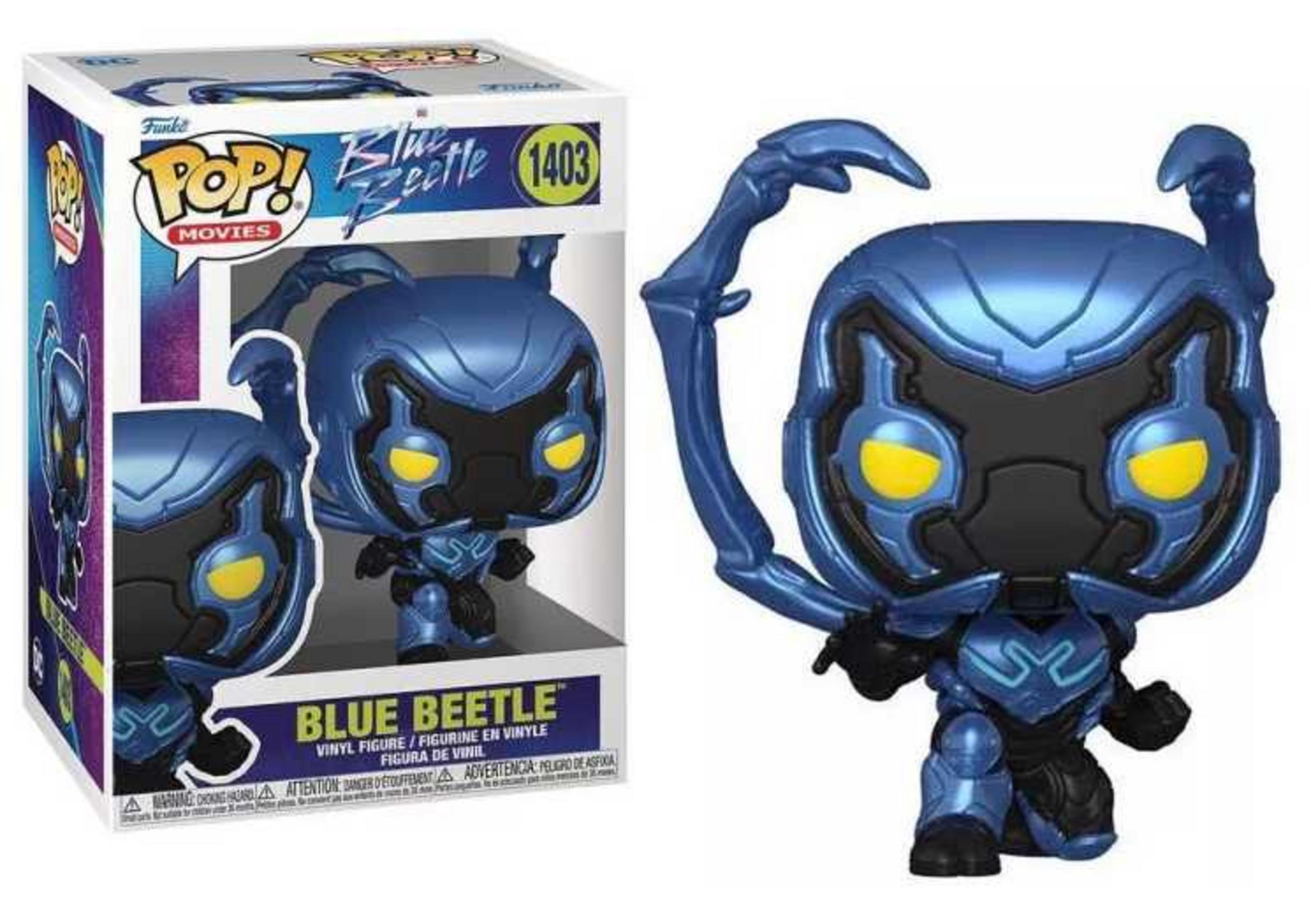 Figura Funko Pop del Escarabajo Azul en caja, con ojos amarillos.