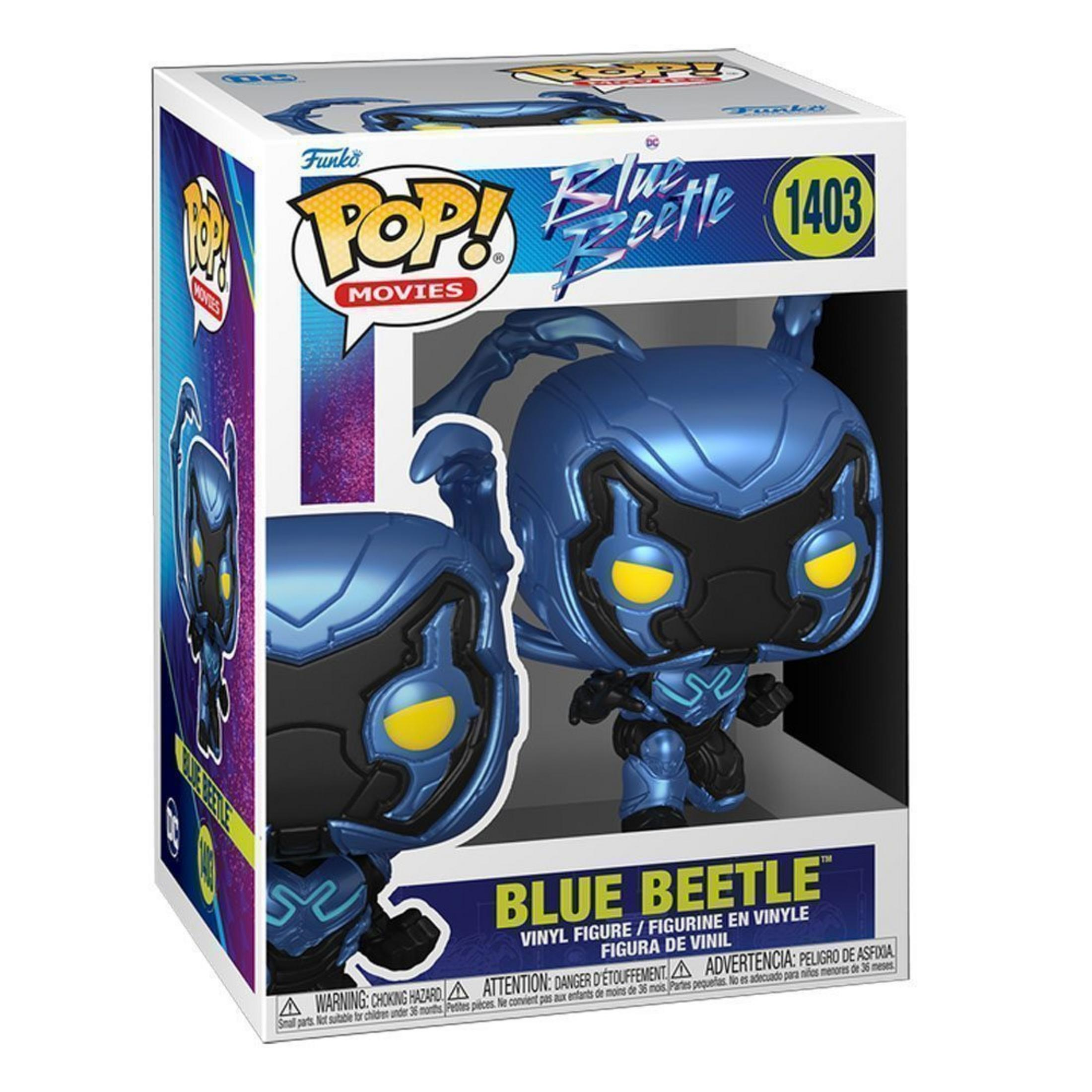Figura Funko Pop! Blue Beetle en caja, con ojos amarillos y armadura azul.