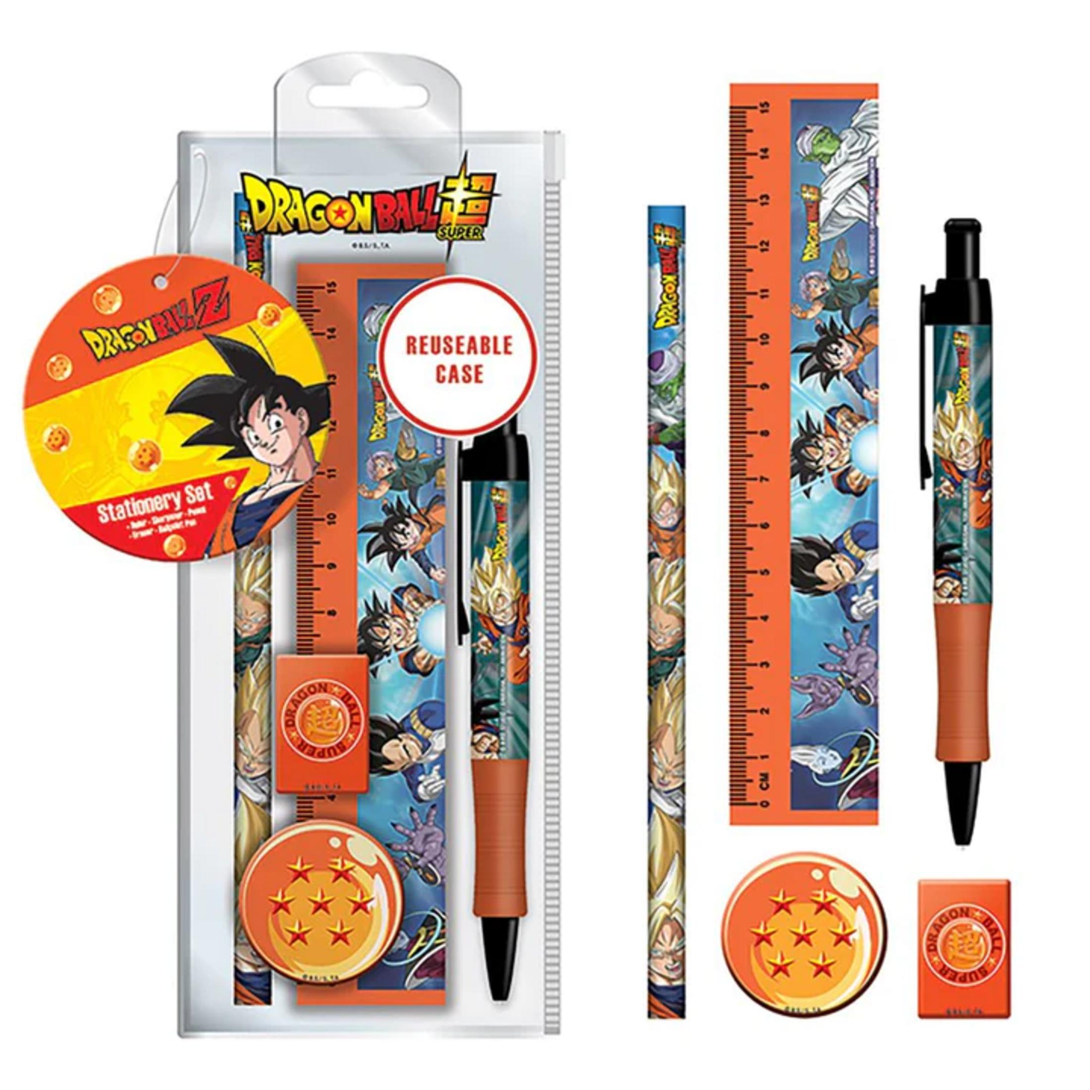 Set de papelería de Dragon Ball Z con regla, bolígrafo y goma de borrar, con Goku y otros personajes, en un estuche transparente.