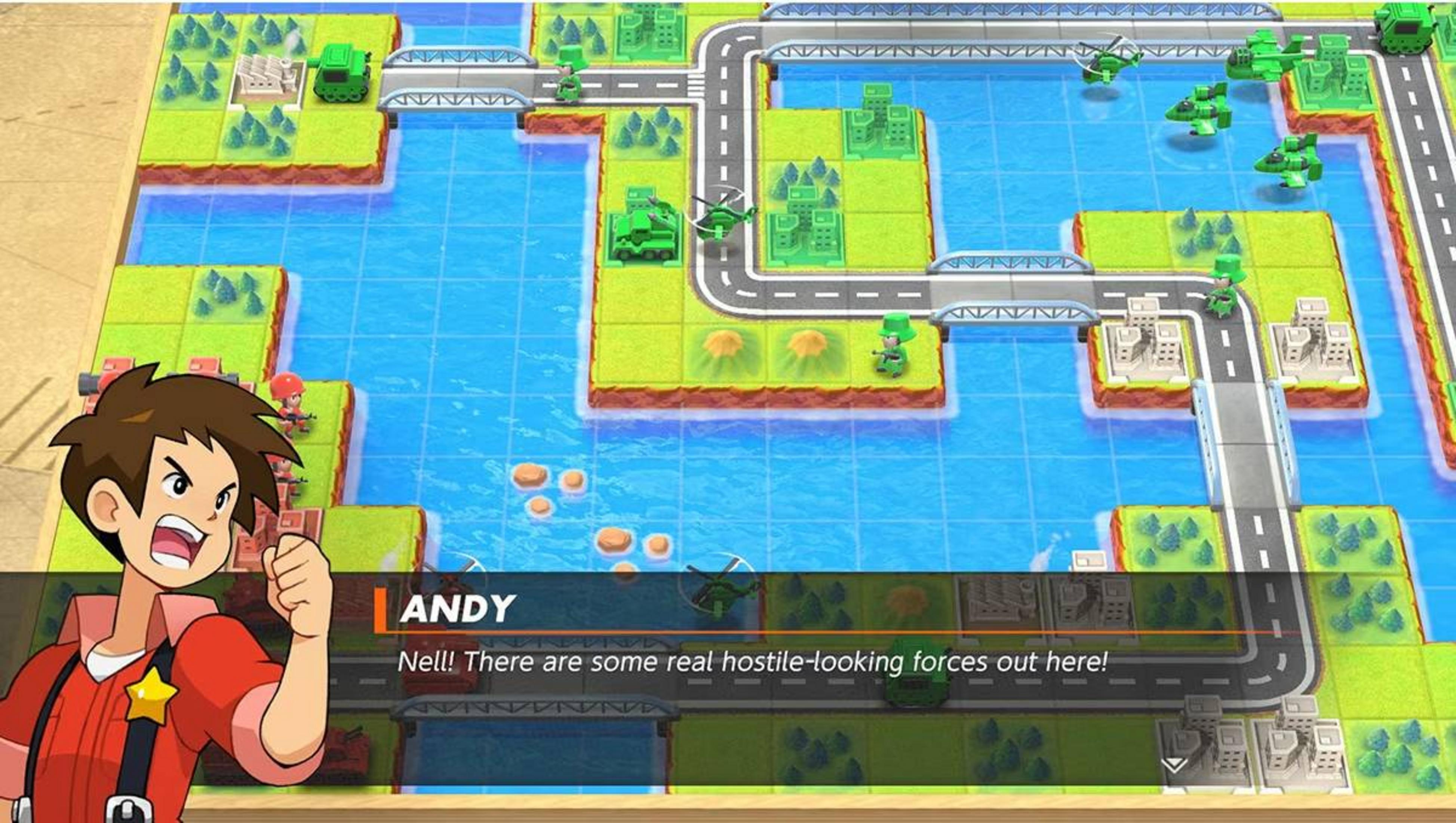 Un personaggio dei cartoni animati di nome Andy parla su un tabellone di gioco con unità militari.