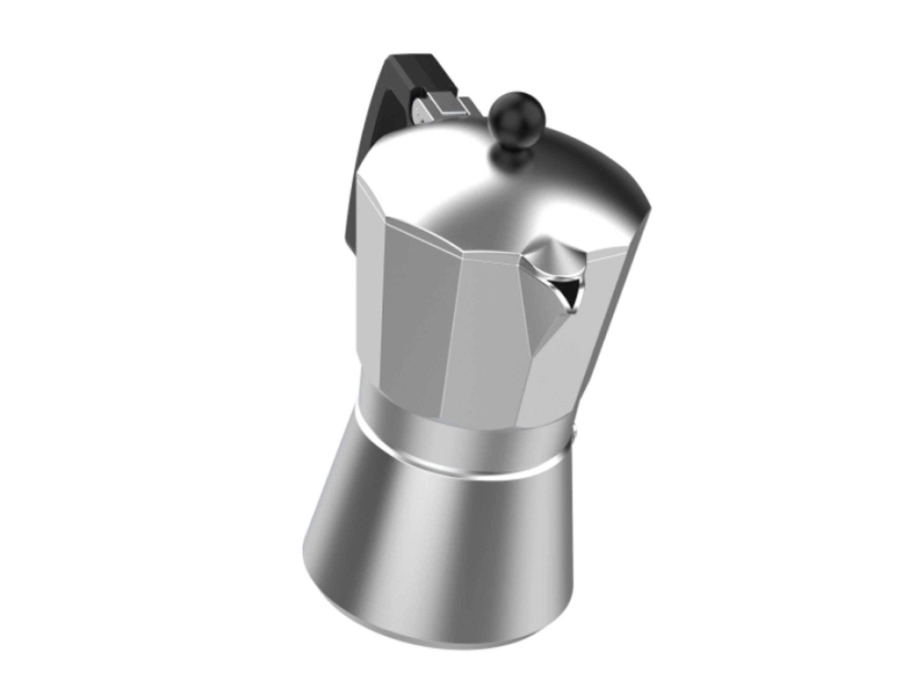 Moka argentata con manico e pomello neri.