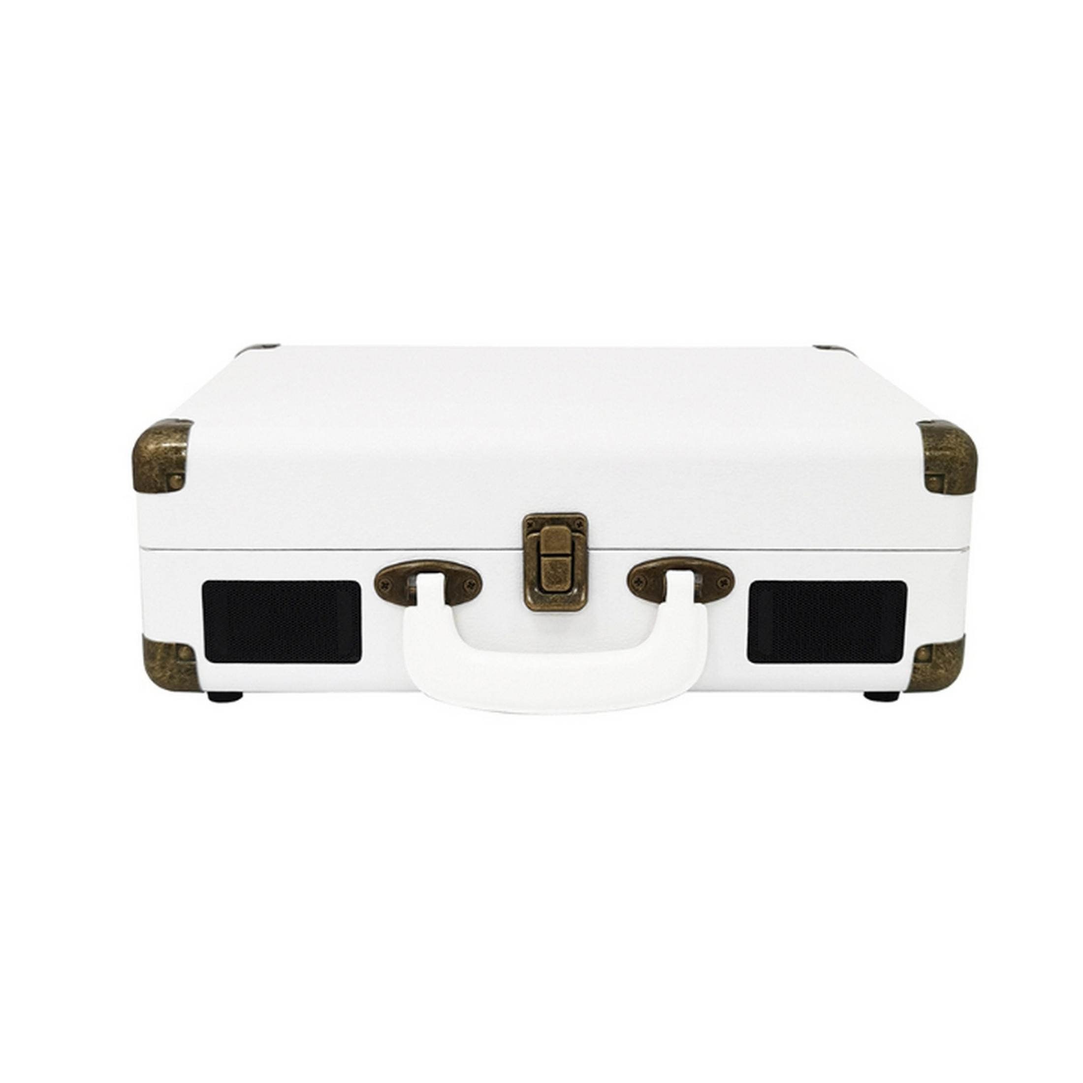 A white suitcase-style record player with bronze accents and a handle.