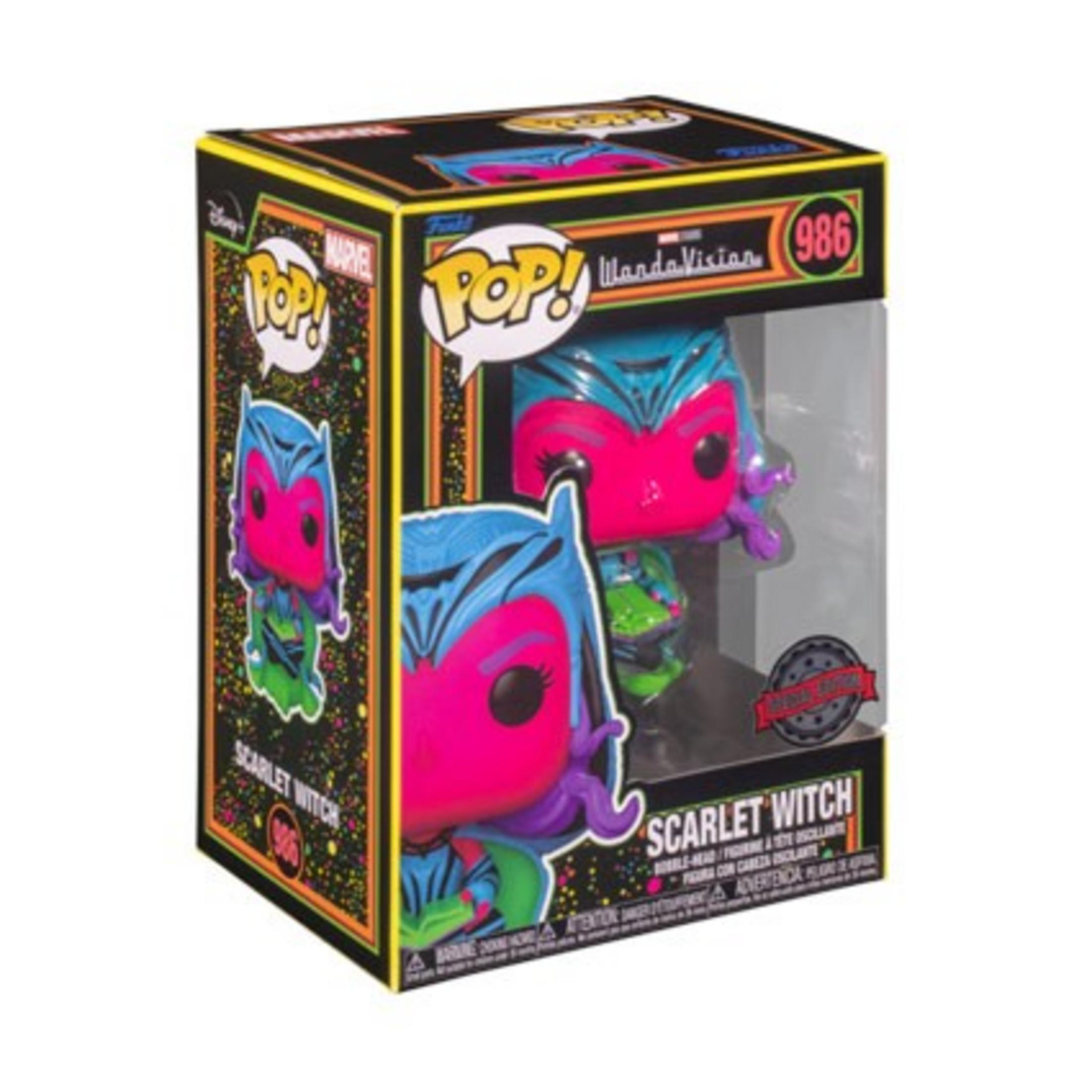 Funko Pop! Scarlet Witch Figur in einer Box mit Marvel- und WandaVision-Branding.