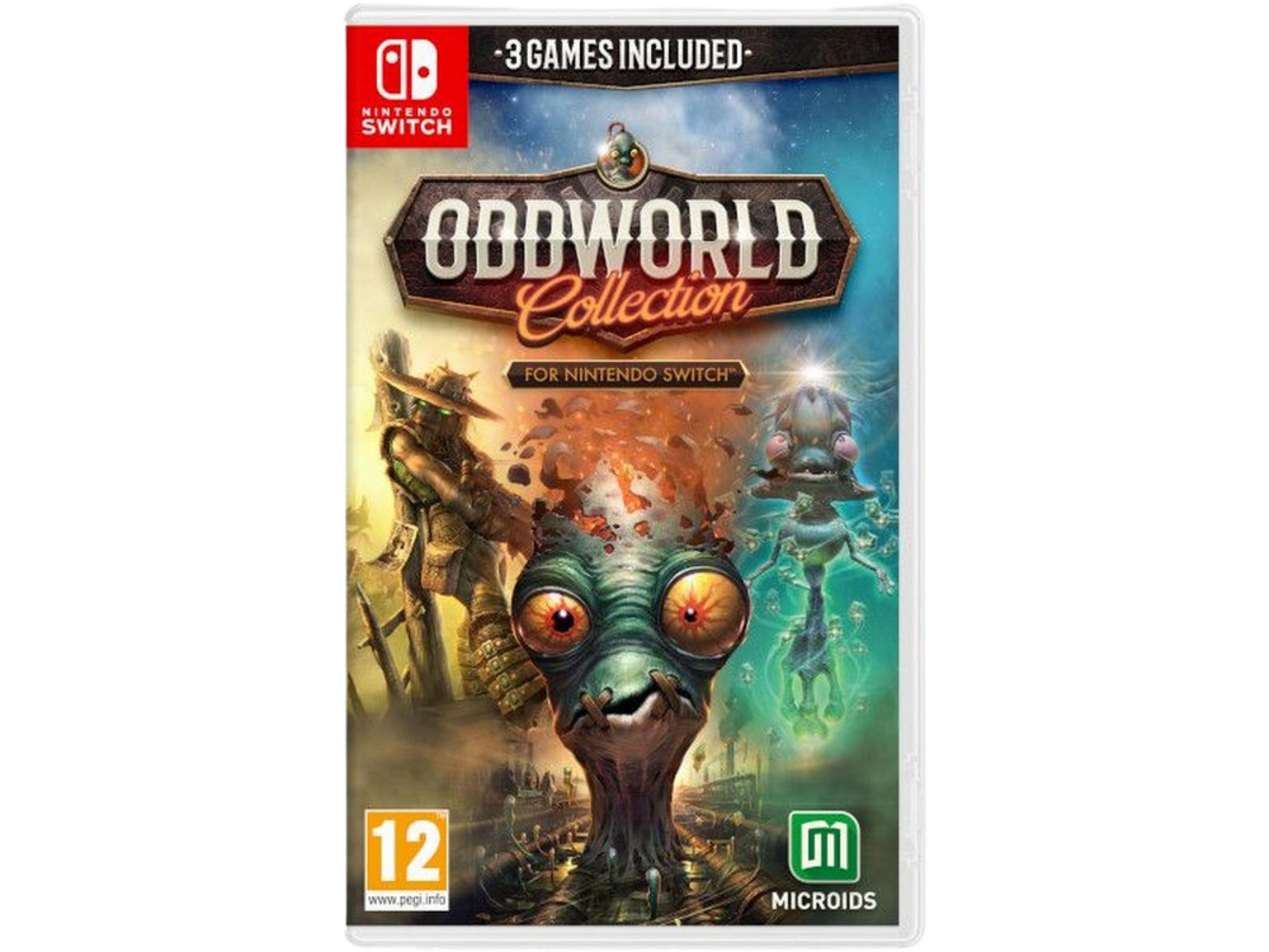 Copertina di Oddworld Collection per Nintendo Switch, con creature e "3 Games Included".