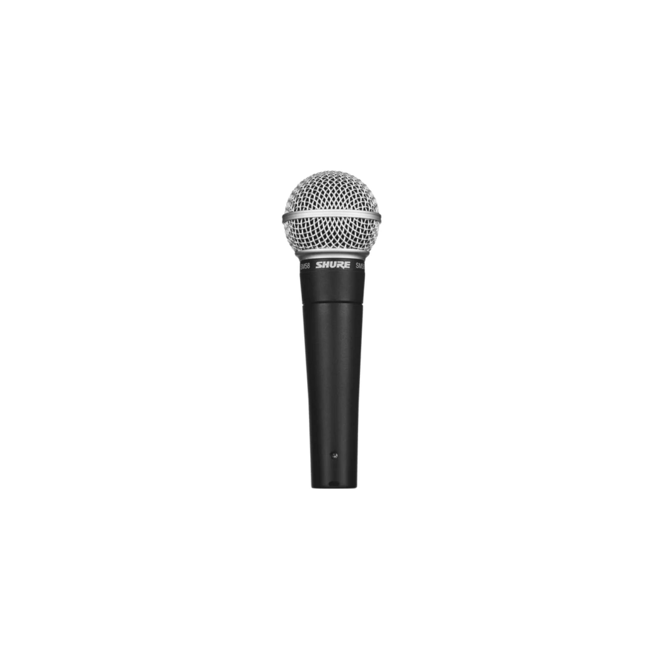 Un micrófono negro con cabeza plateada, etiquetado Shure SM58.