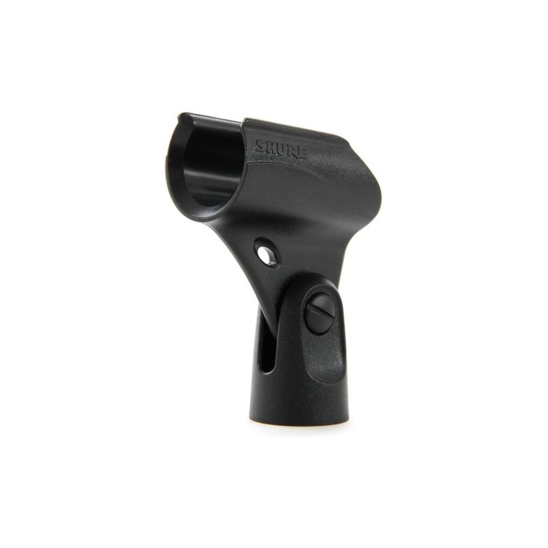 Clip negro para micrófono con logo SHURE.