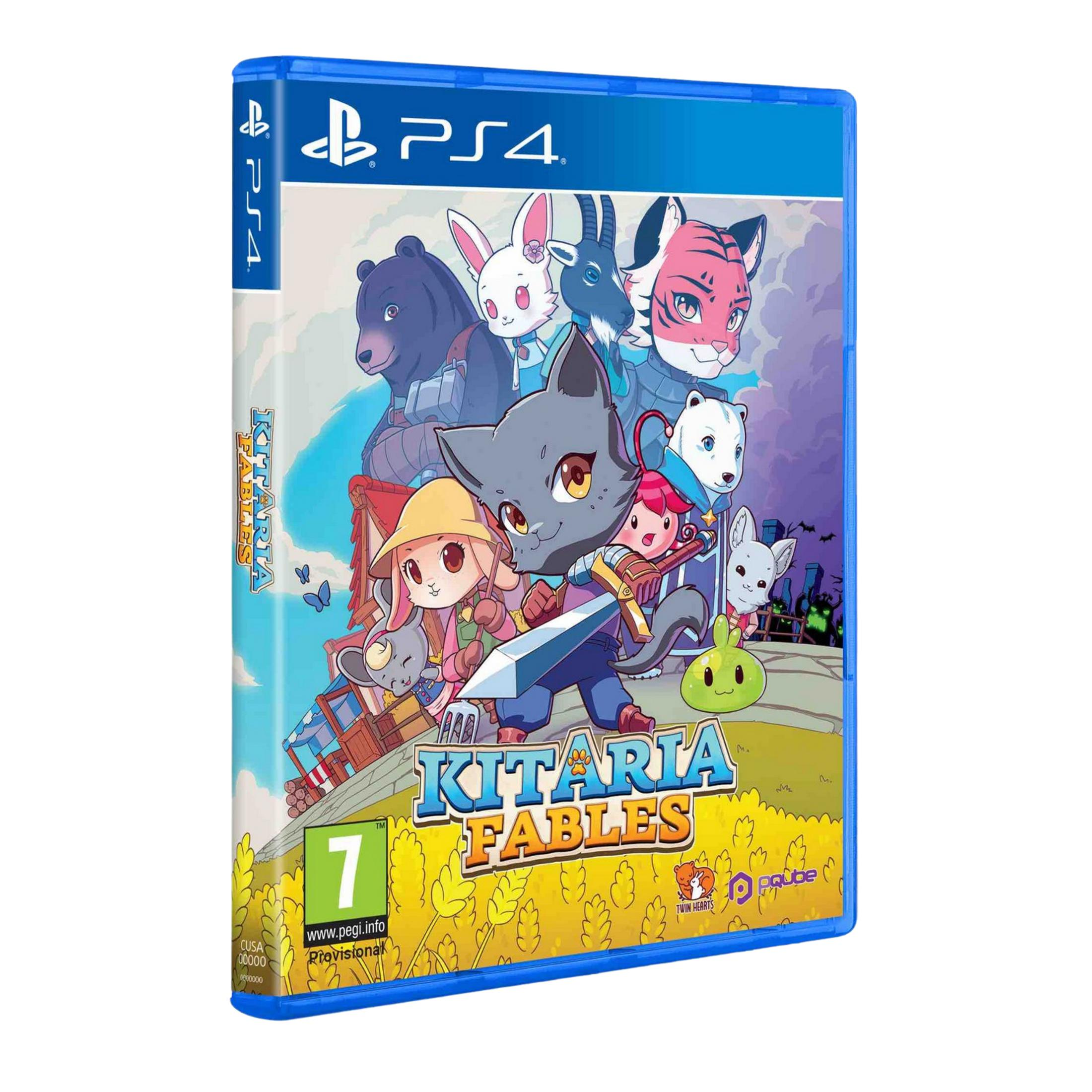 Caja del juego PS4 Kitaria Fables: personajes como gato, conejo, oso, tigre, rana. Edad 7.