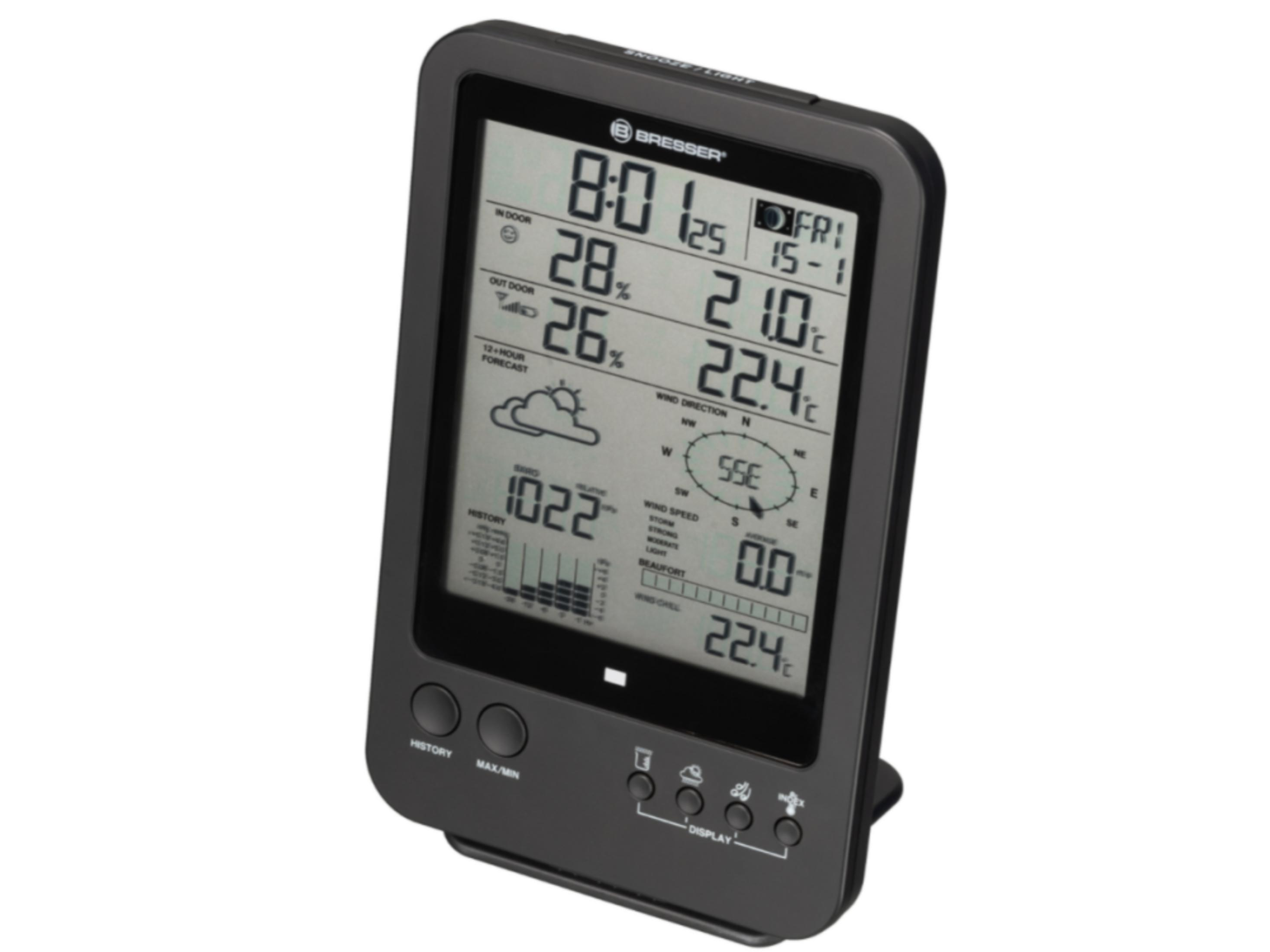 Ein schwarzes digitales Wetterstation-Display zeigt Innen- und Außentemperatur, Luftfeuchtigkeit und Wettervorhersage.