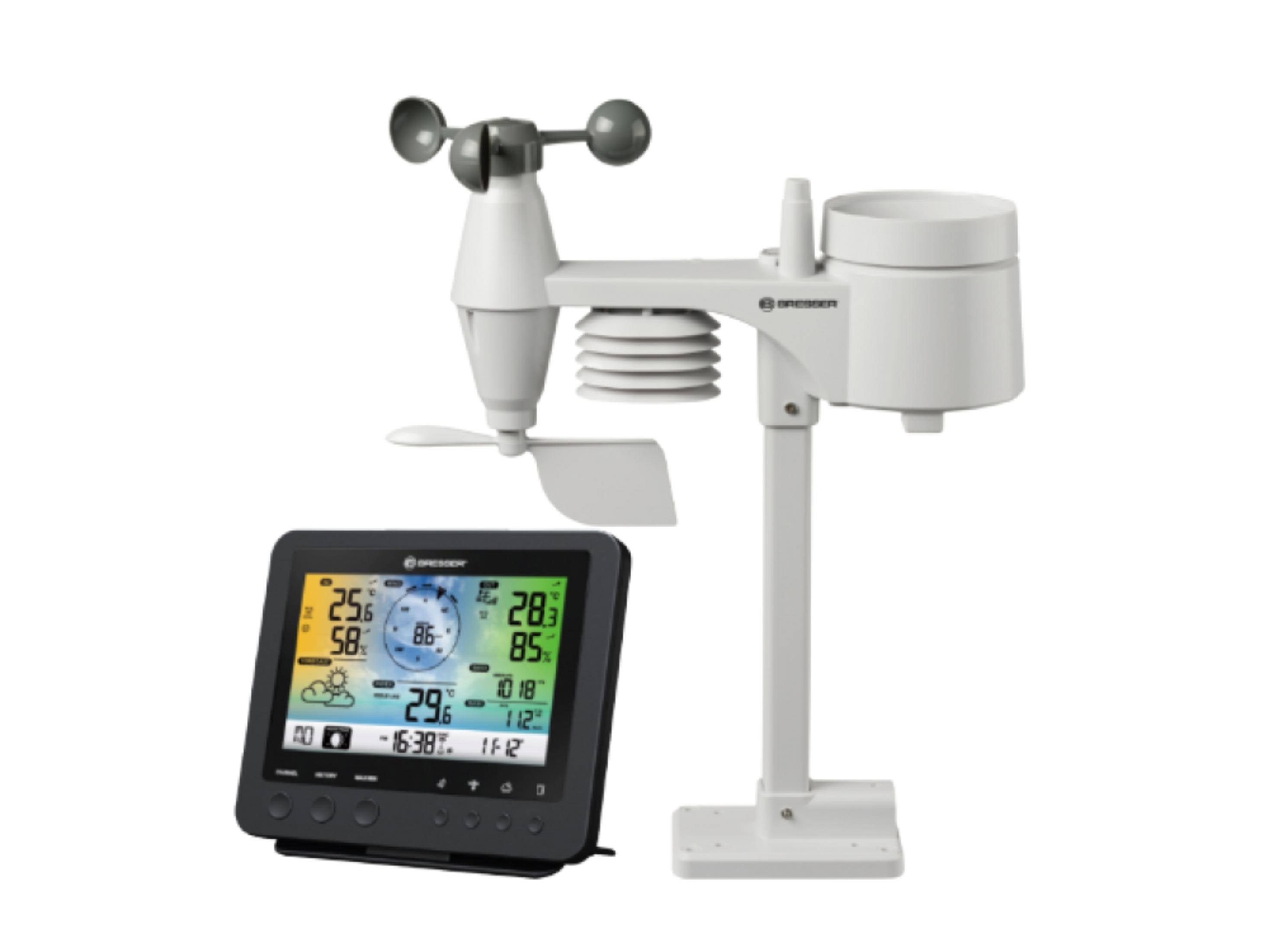 Ein weißes Wetterstations-Set mit Display und Außenfühler zeigt Temperatur und Luftfeuchtigkeit.