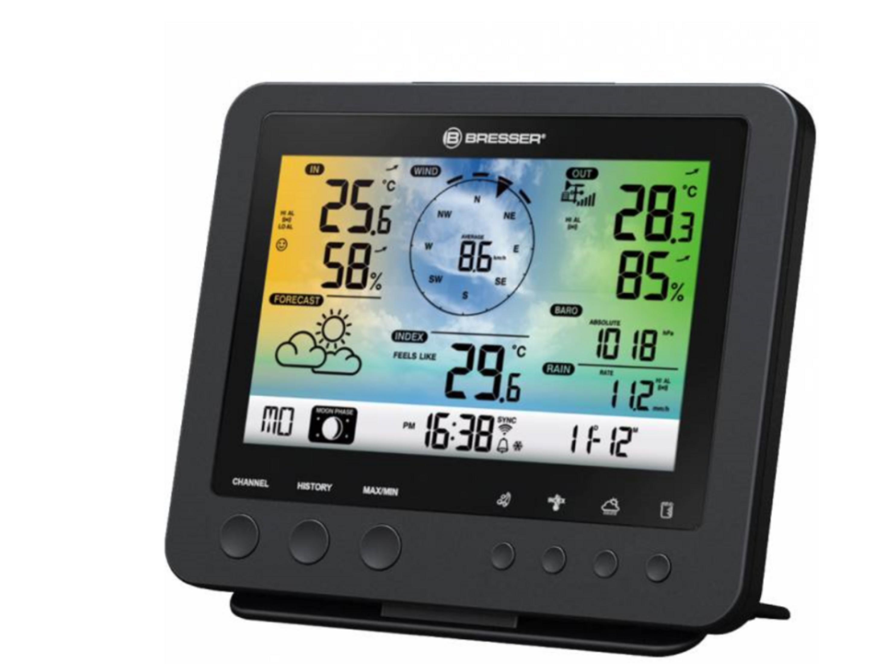 Digitales Wetterstation von Bresser mit Innen-/Außentemperatur, Wind und Regen.