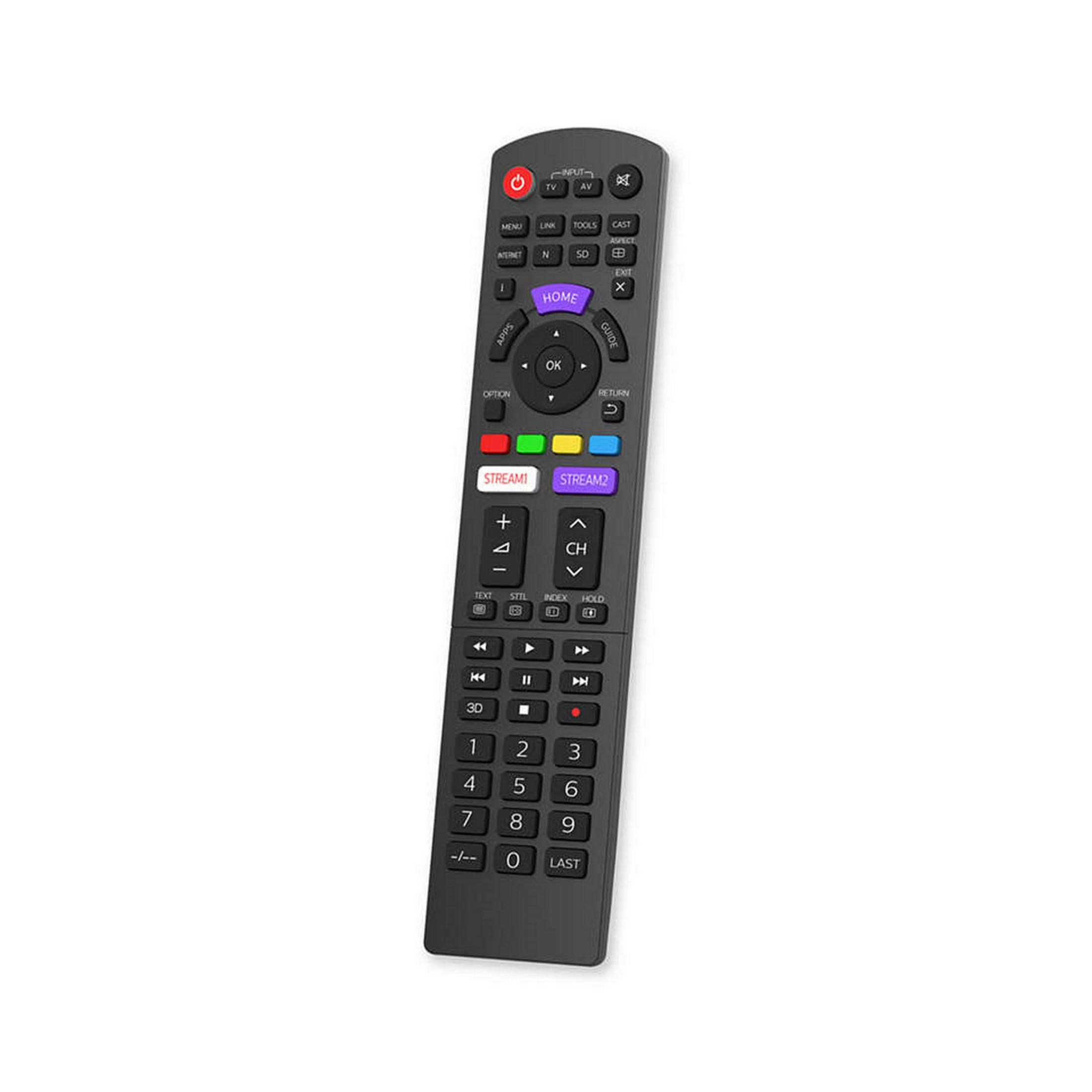 Un control remoto negro con botones coloridos y un teclado numérico sobre fondo blanco.