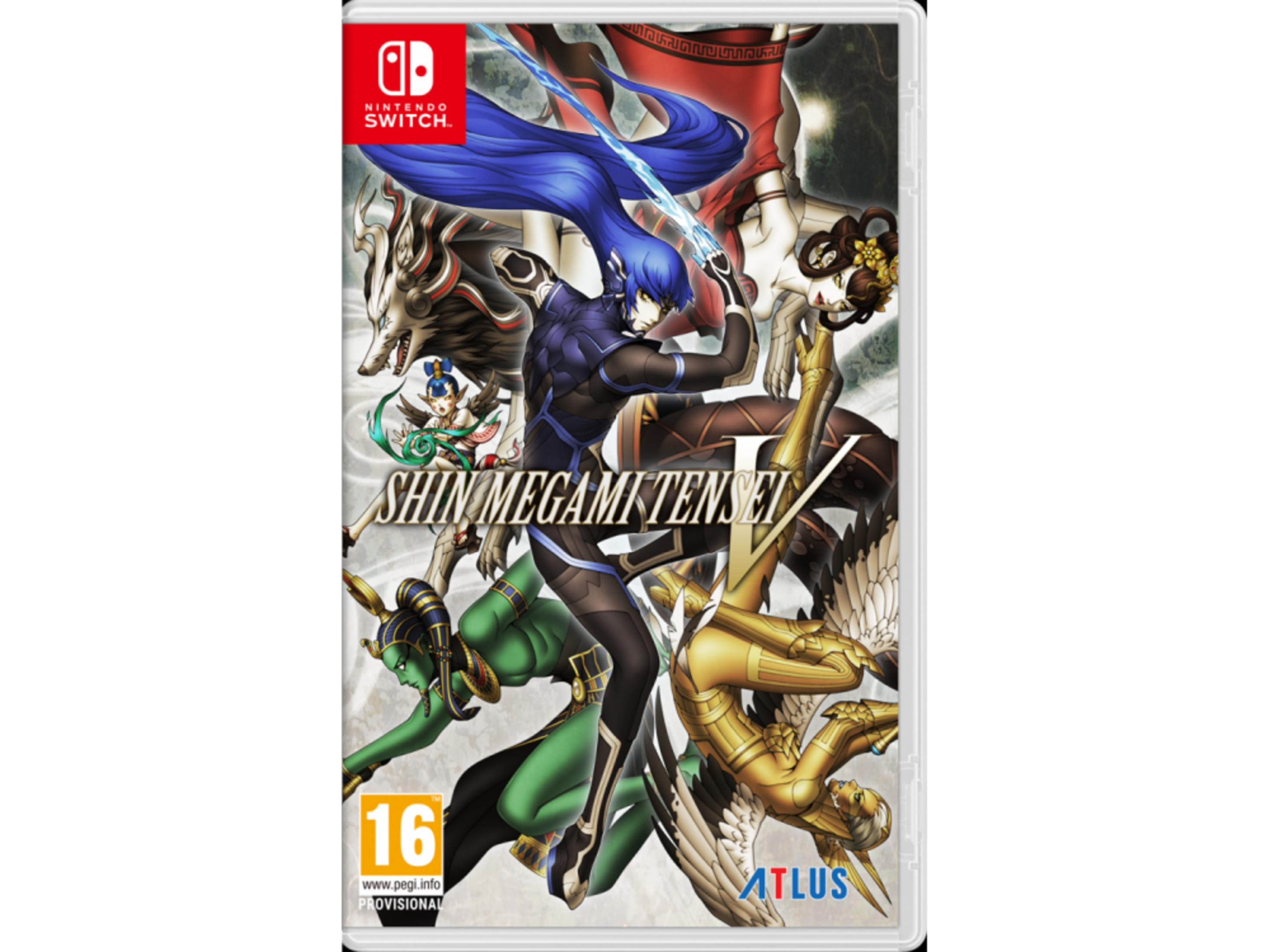 Portada de juego de Nintendo Switch con personajes de anime y el título "Shin Megami Tensei V".