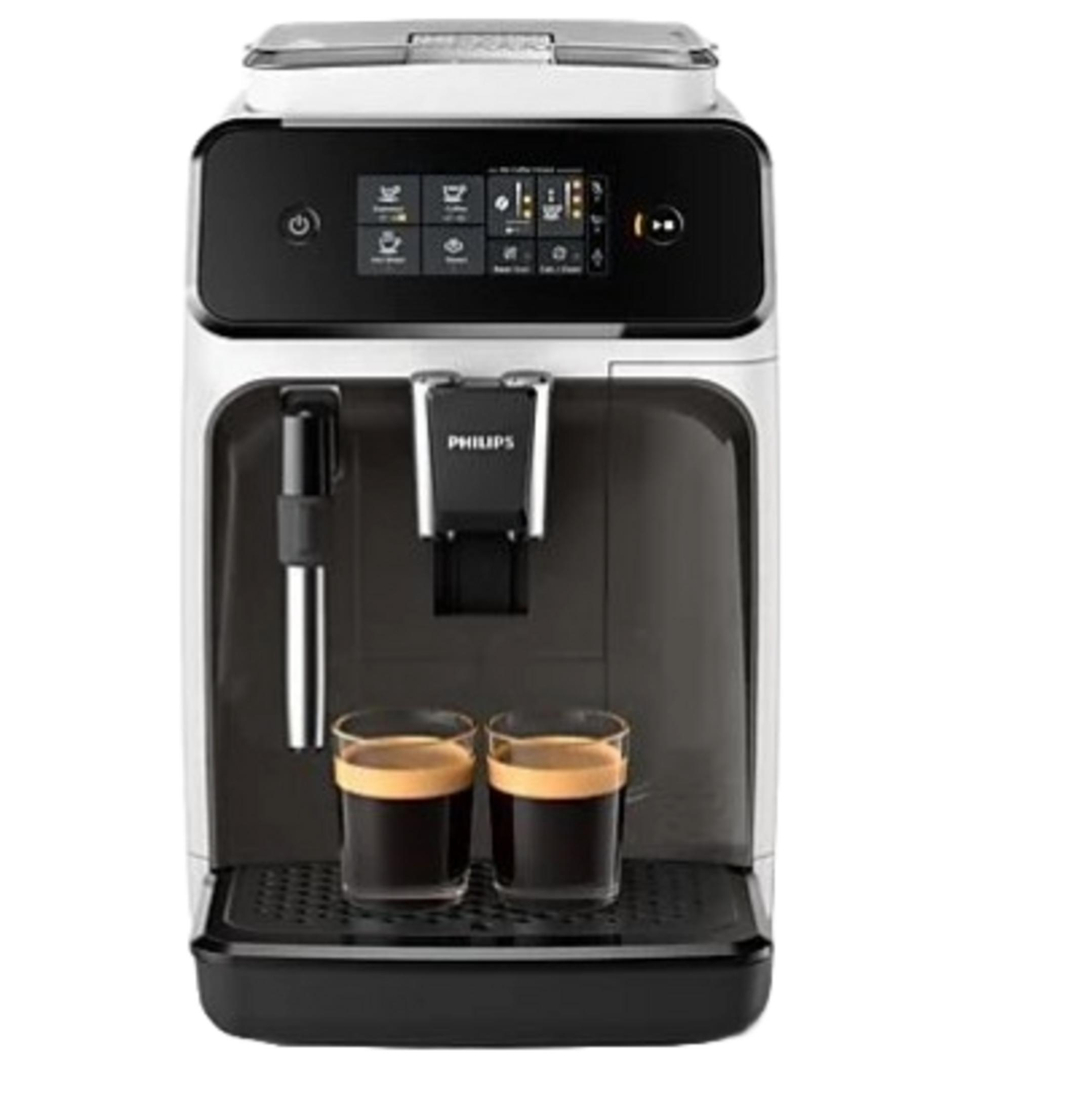 Una macchina da caffè Philips bianca con due bicchieri di espresso e un display digitale.